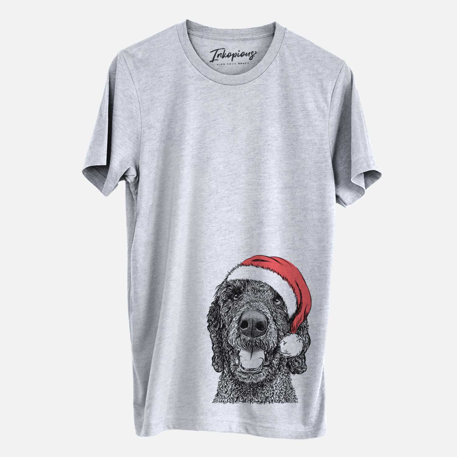 Hand-drawn sketch of Obi James the Goldendoodle wearing a Santa hat on a Grey Unisex crewneck