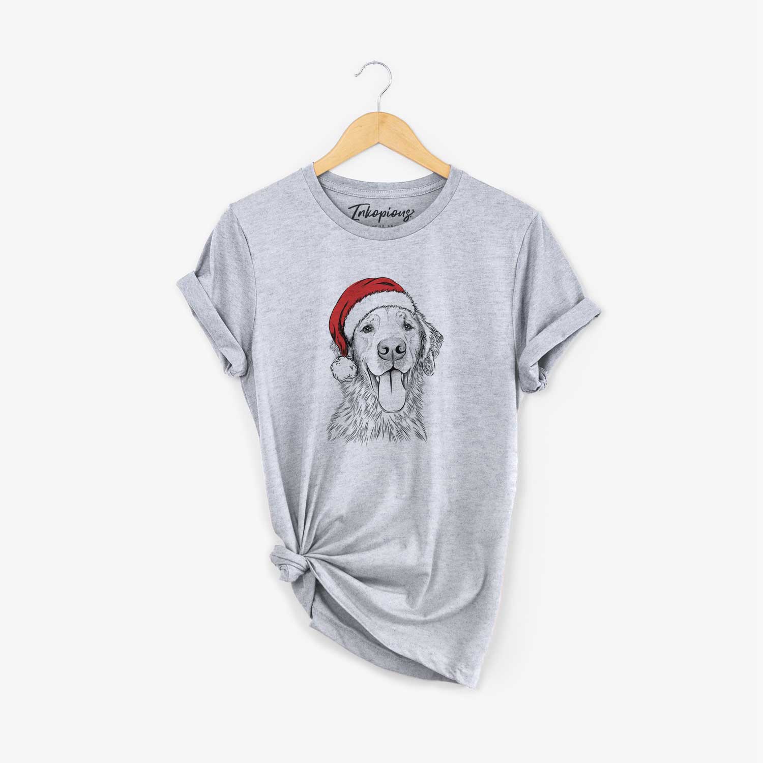 Hand-drawn sketch of Oliver Tredup the Golden Retriever wearing a Santa hat on a Grey Unisex crewneck