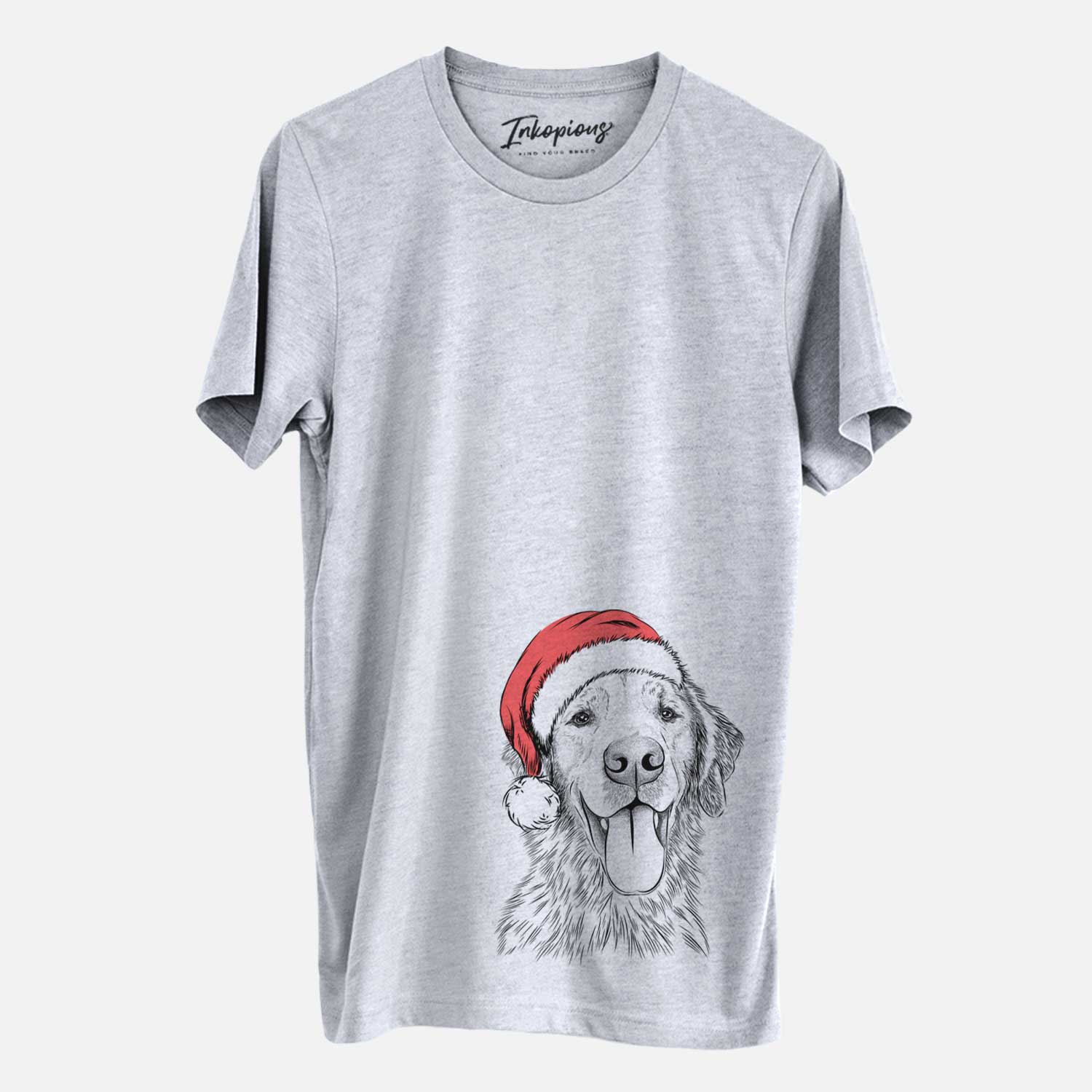 Hand-drawn sketch of Oliver Tredup the Golden Retriever wearing a Santa hat on a Grey Unisex crewneck