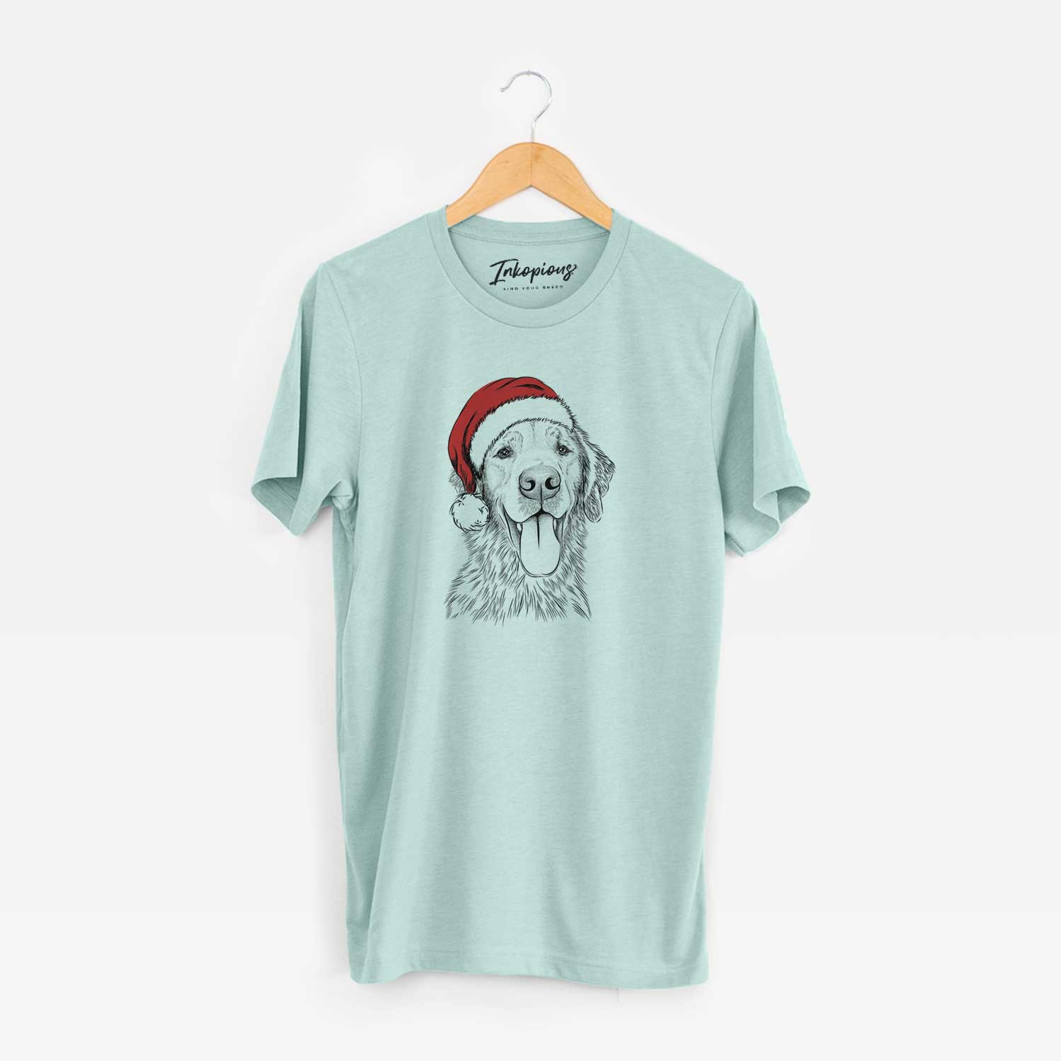 Hand-drawn sketch of Oliver Tredup the Golden Retriever wearing a Santa hat on a Heather Sage Unisex crewneck