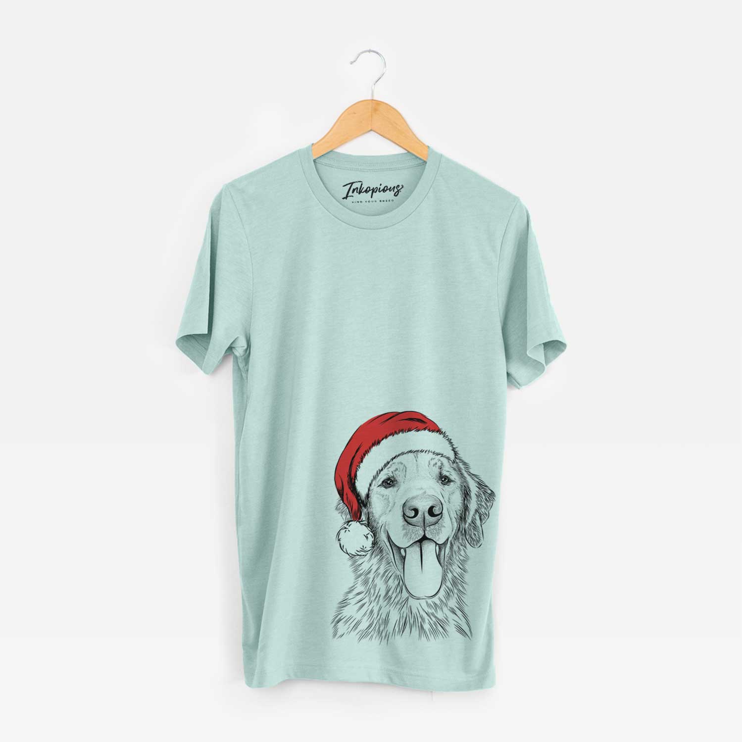 Hand-drawn sketch of Oliver Tredup the Golden Retriever wearing a Santa hat on a Heather Sage Unisex crewneck