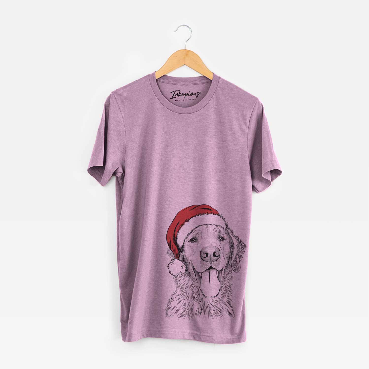 Hand-drawn sketch of Oliver Tredup the Golden Retriever wearing a Santa hat on an Orchid Unisex crewneck