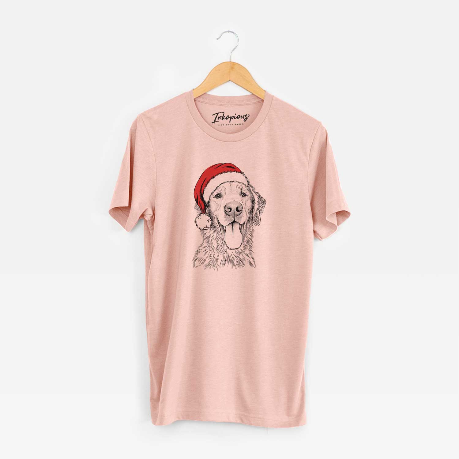 Hand-drawn sketch of Oliver Tredup the Golden Retriever wearing a Santa hat on a Peach Unisex crewneck
