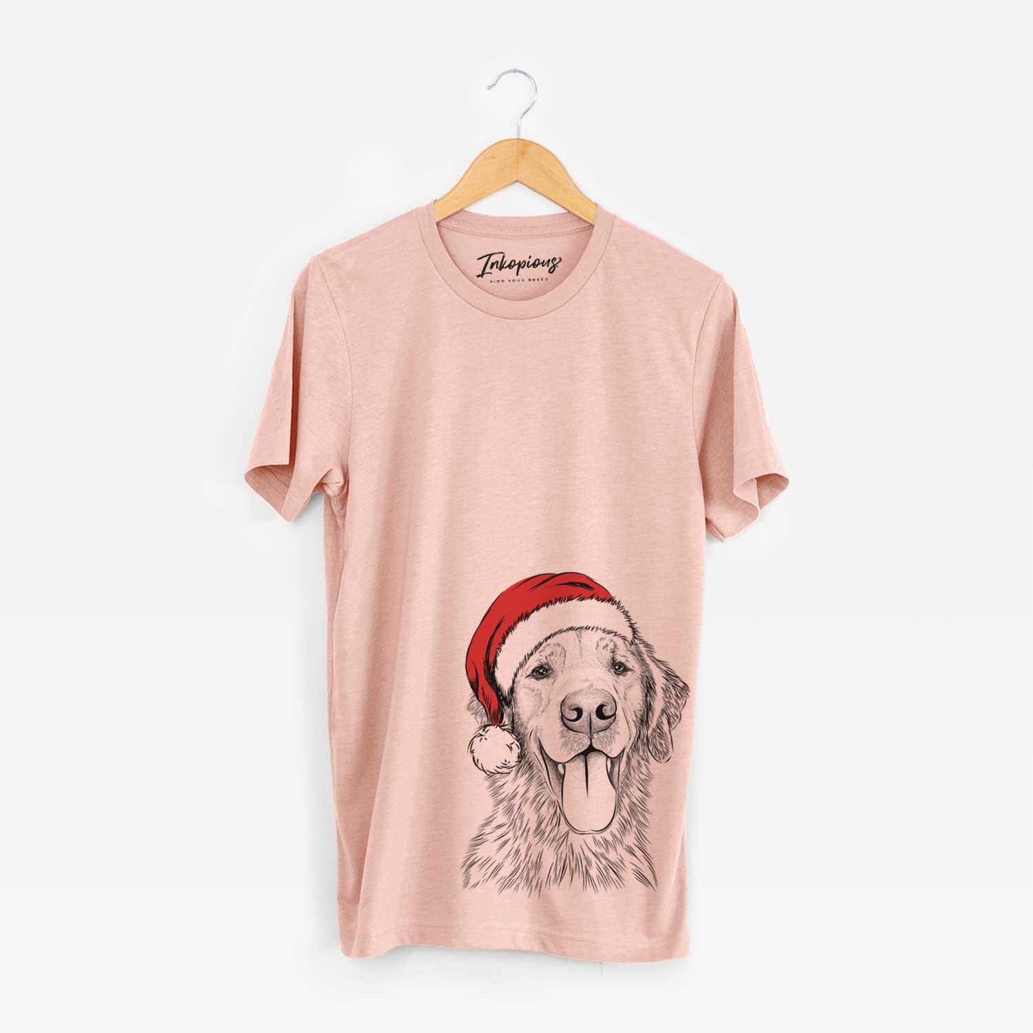 Hand-drawn sketch of Oliver Tredup the Golden Retriever wearing a Santa hat on a Peach Unisex crewneck