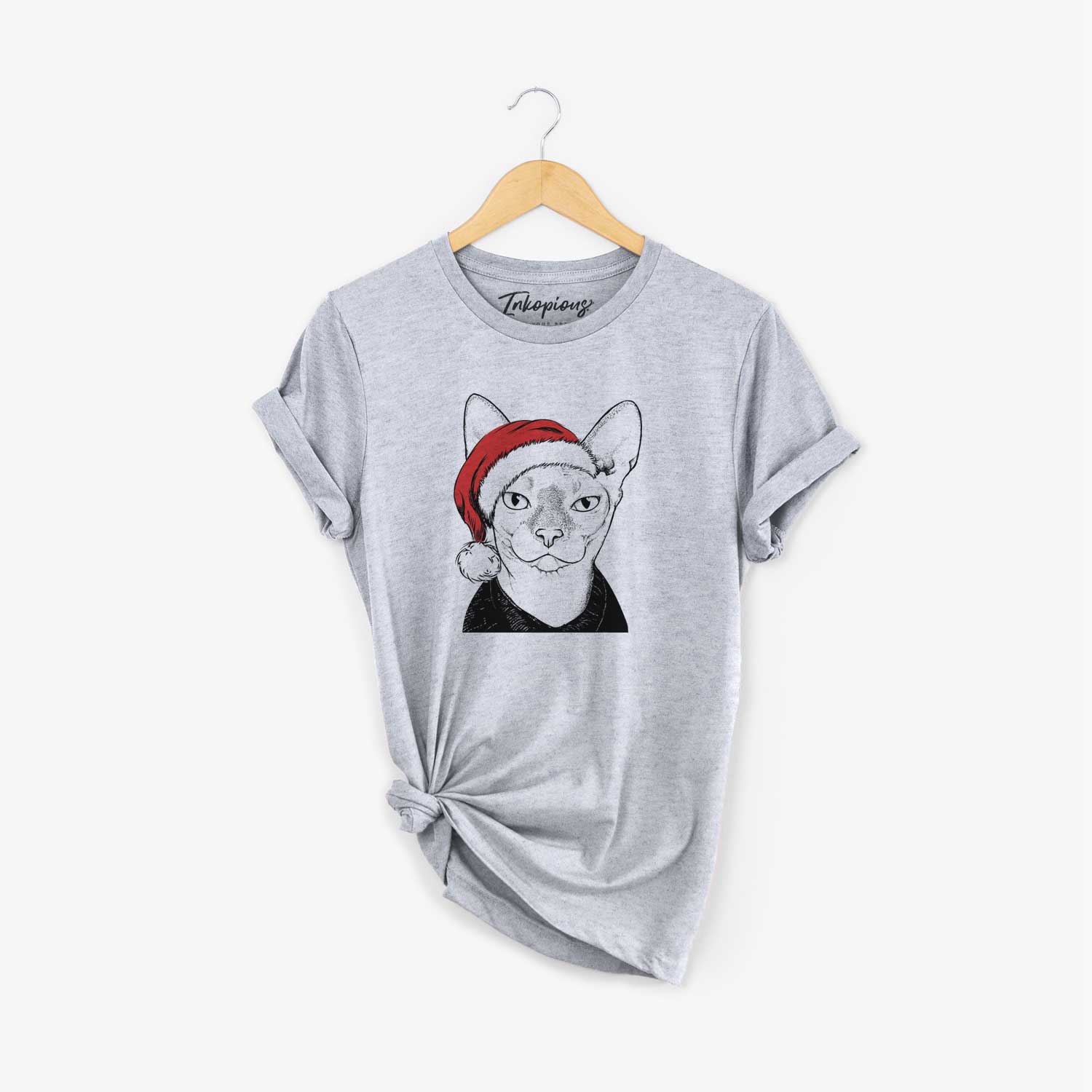 Hand-drawn sketch of Oliver Watson the Sphynx Cat wearing a Santa hat on a Grey Unisex crewneck