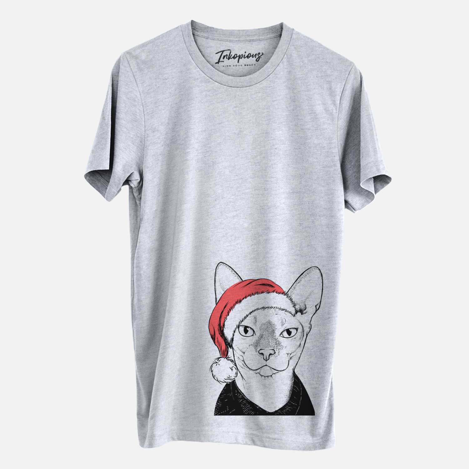 Hand-drawn sketch of Oliver Watson the Sphynx Cat wearing a Santa hat on a Grey Unisex crewneck