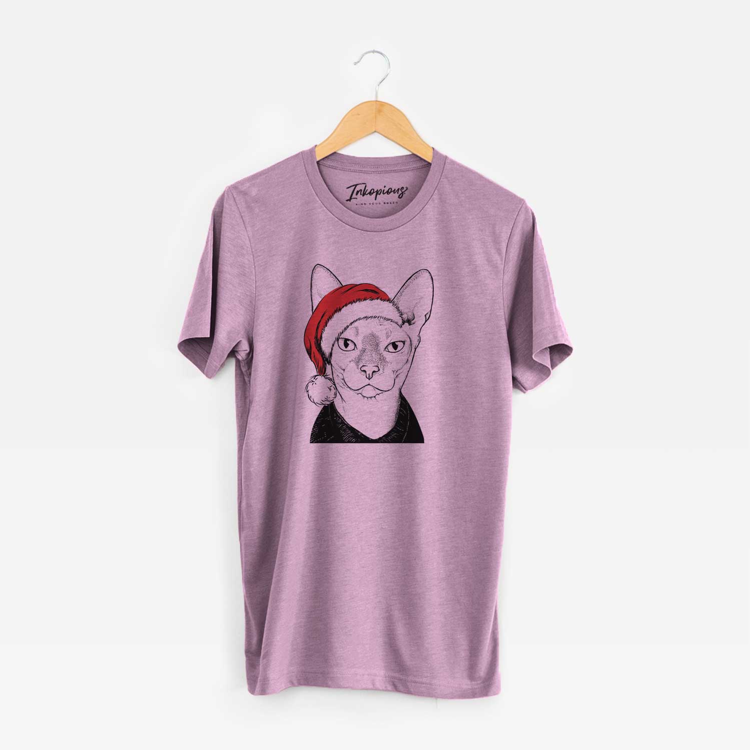 Hand-drawn sketch of Oliver Watson the Sphynx Cat wearing a Santa hat on an Orchid Unisex crewneck