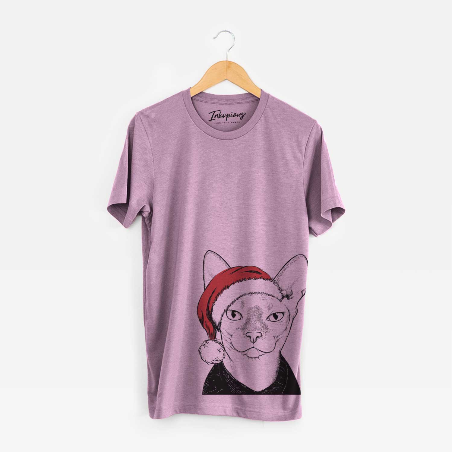 Hand-drawn sketch of Oliver Watson the Sphynx Cat wearing a Santa hat on an Orchid Unisex crewneck