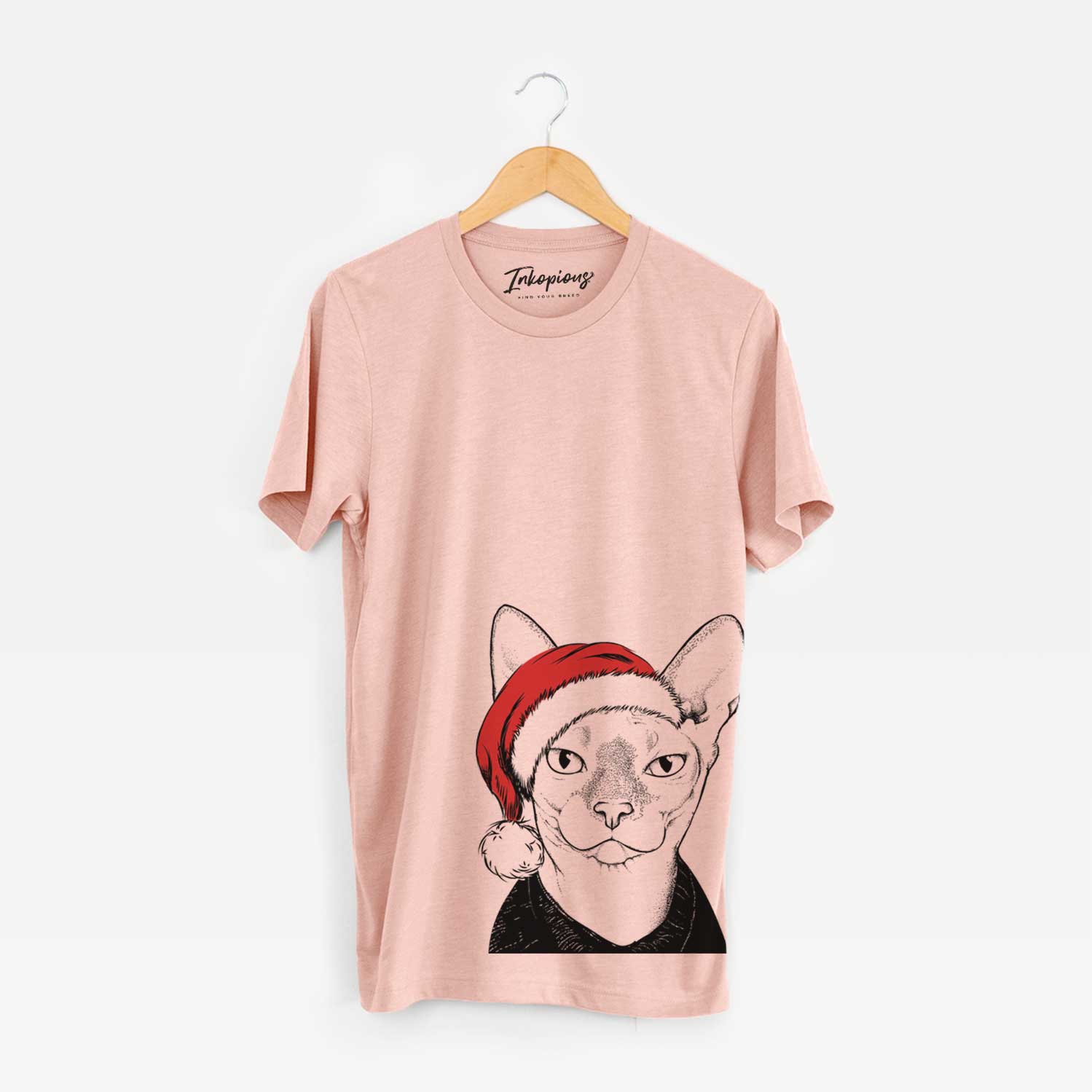 Hand-drawn sketch of Oliver Watson the Sphynx Cat wearing a Santa hat on a Peach Unisex crewneck