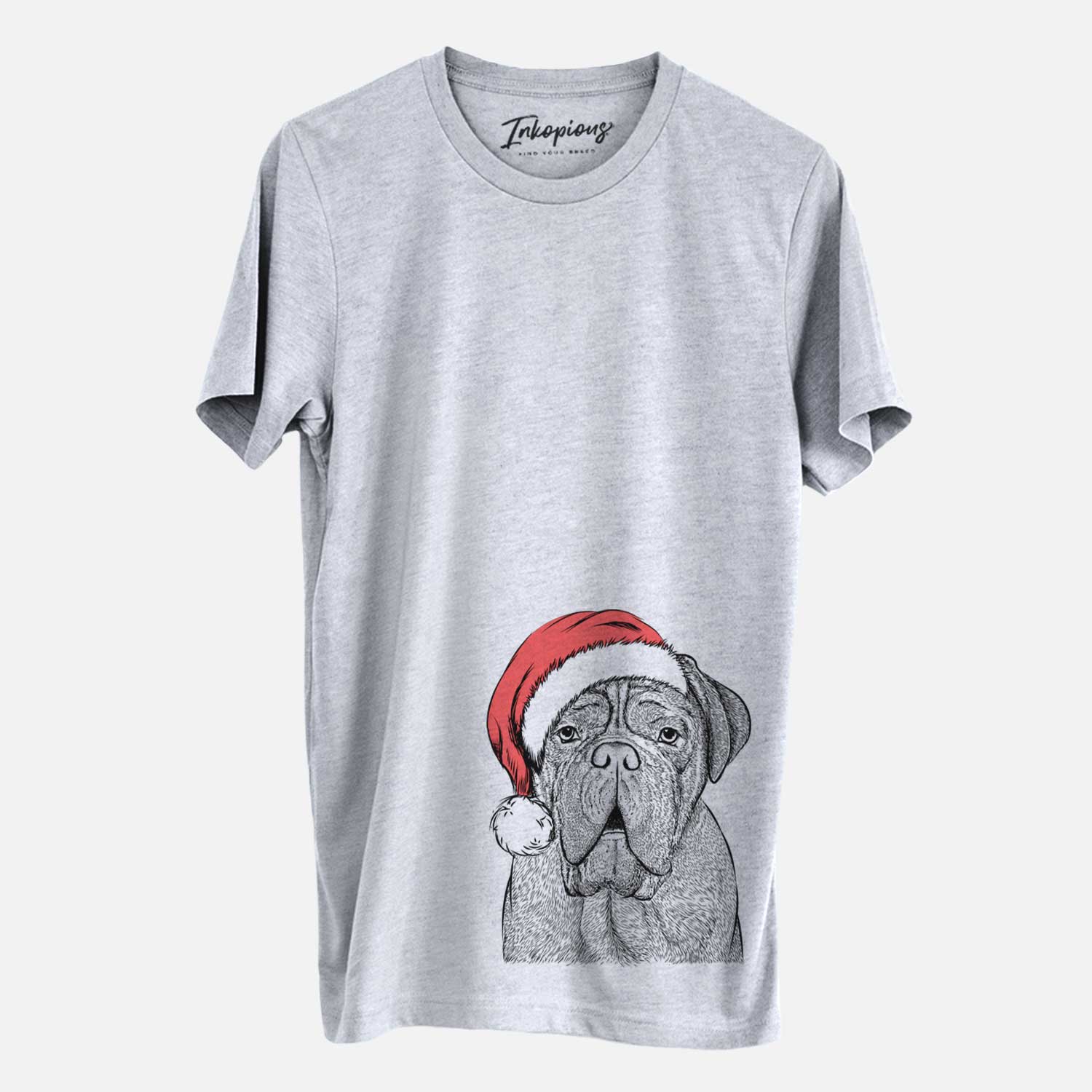 Hand-drawn sketch of Optimus the Dogue de Bordeaux wearing a Santa hat on a Grey Unisex crewneck