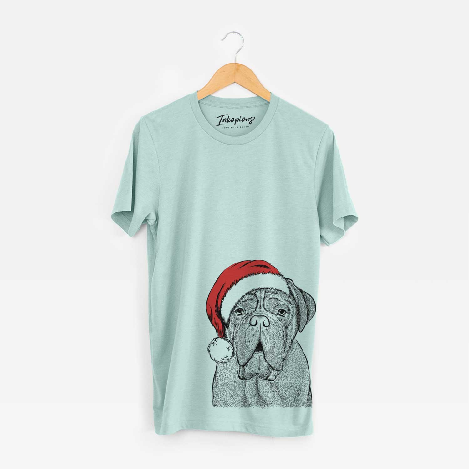 Hand-drawn sketch of Optimus the Dogue de Bordeaux wearing a Santa hat on a Heather Sage Unisex crewneck
