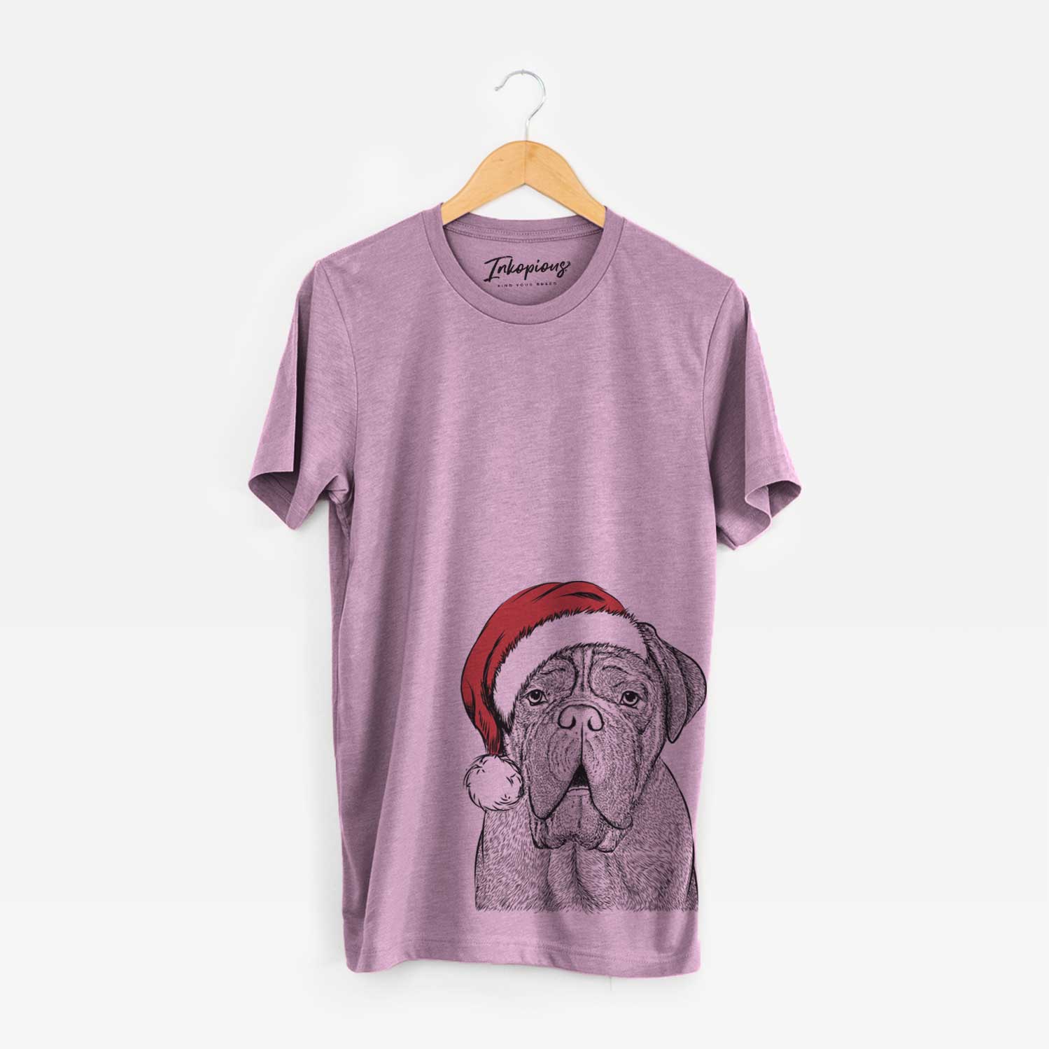 Hand-drawn sketch of Optimus the Dogue de Bordeaux wearing a Santa hat on an Orchid Unisex crewneck