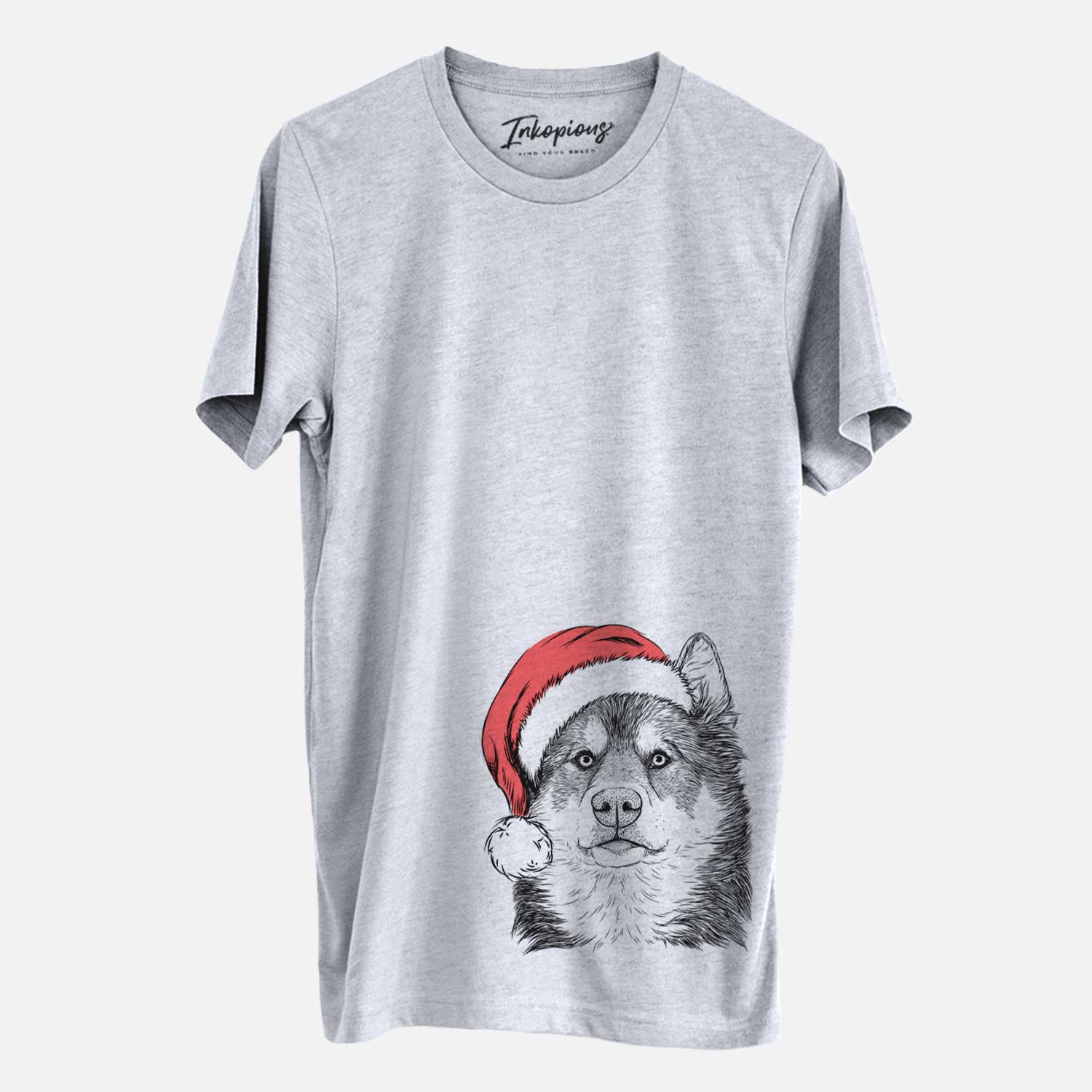 Hand-drawn sketch of Oskar the Canadian Eskimo Dog wearing a Santa hat on a Grey Unisex crewneck