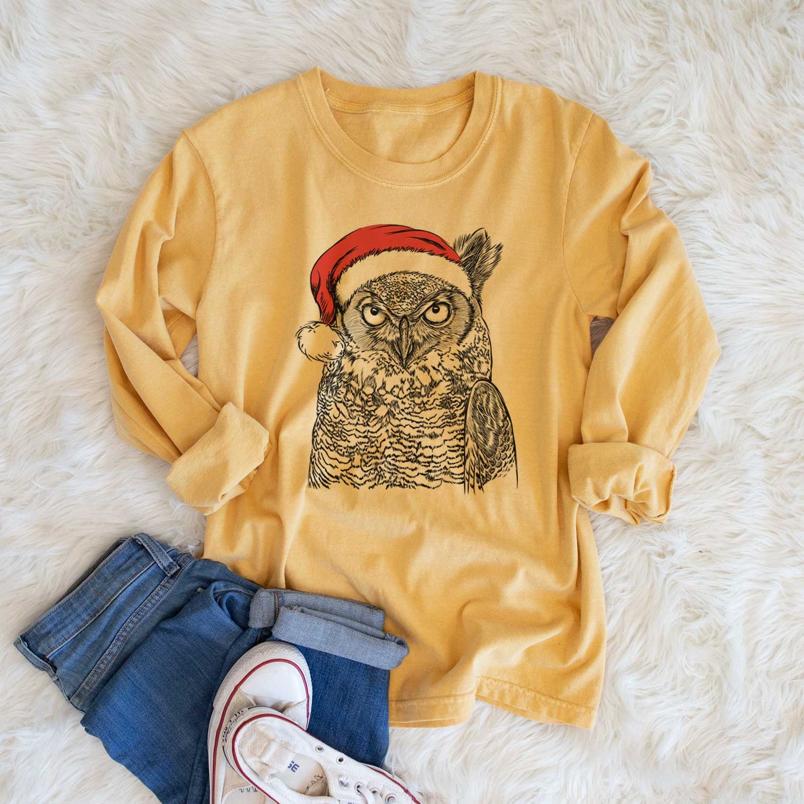 Santa Ozwald the Grey Horned Owl - Heavyweight 100% Cotton Long Sleeve