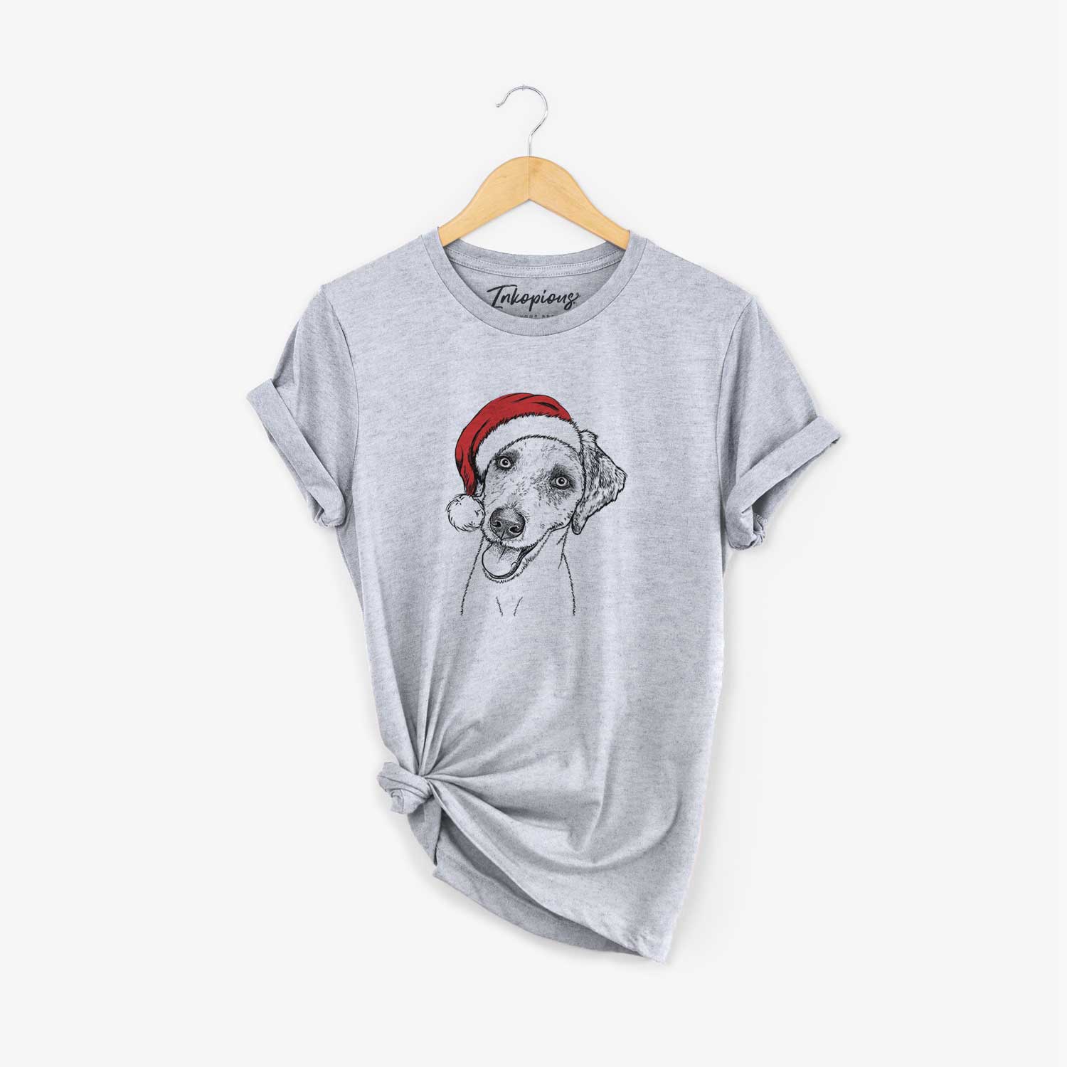 Hand-drawn sketch of Palm Palm the Aussiedoodle wearing a Santa hat on a Grey Unisex crewneck