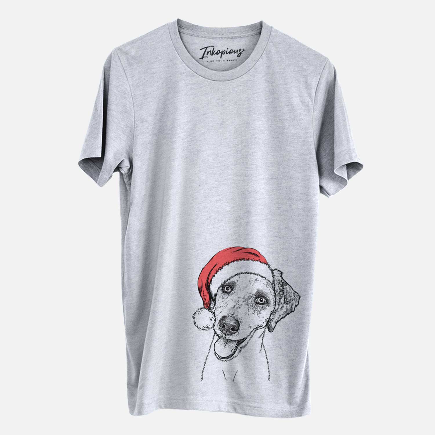 Hand-drawn sketch of Palm Palm the Aussiedoodle wearing a Santa hat on a Grey Unisex crewneck