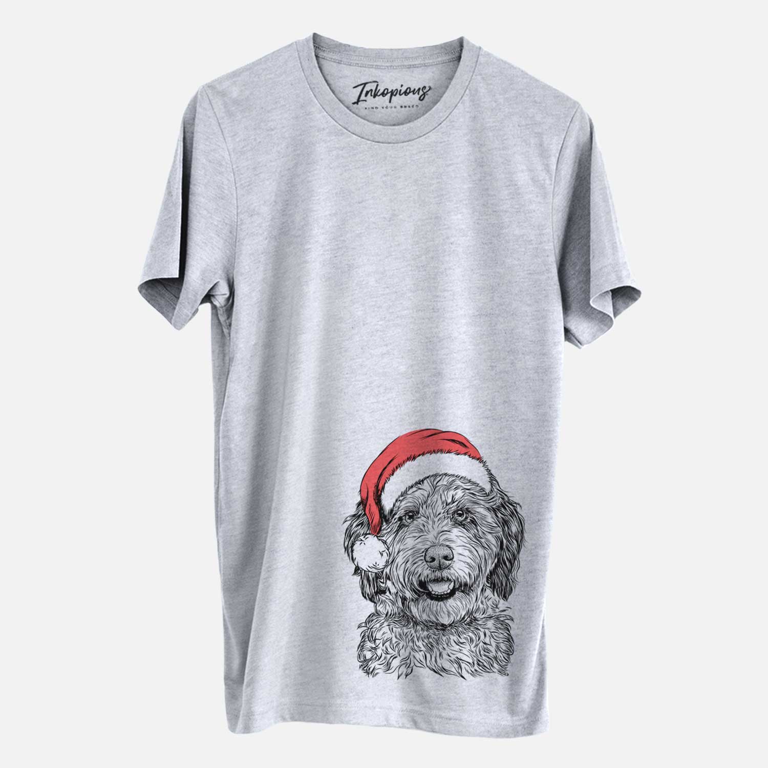 Hand-drawn sketch of Palmer the Aussiedoodle wearing a Santa hat on a Grey Unisex crewneck