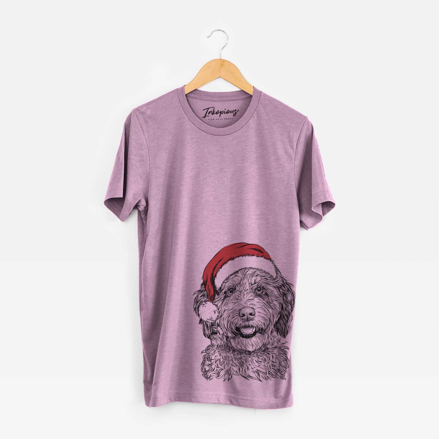 Hand-drawn sketch of Palmer the Aussiedoodle wearing a Santa hat on an Orchid Unisex crewneck