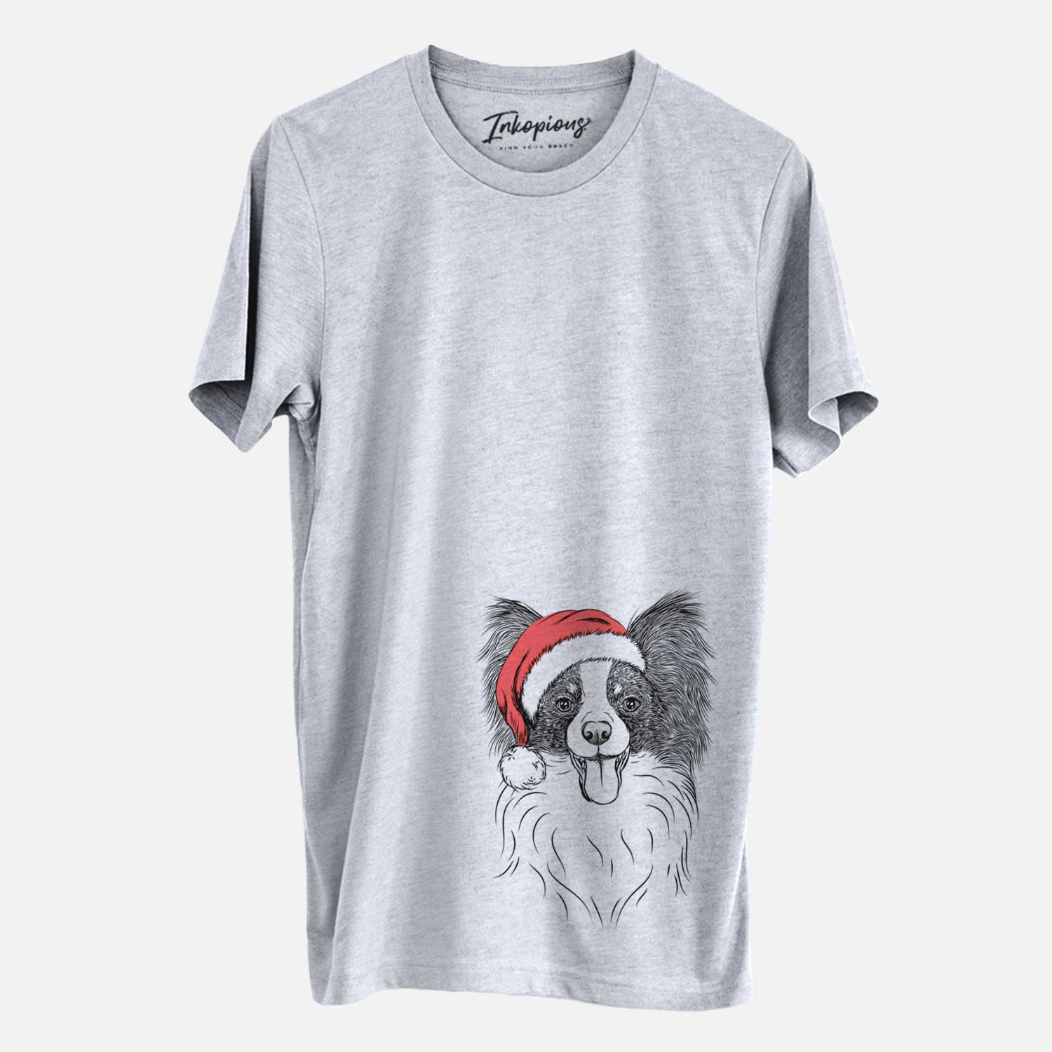 Hand-drawn sketch of Patrick the Papillon wearing a Santa hat on a Grey Unisex crewneck