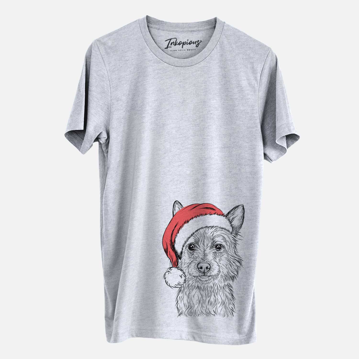 Hand-drawn sketch of Paulo the Portuguese Podengo wearing a Santa hat on a Grey Unisex crewneck