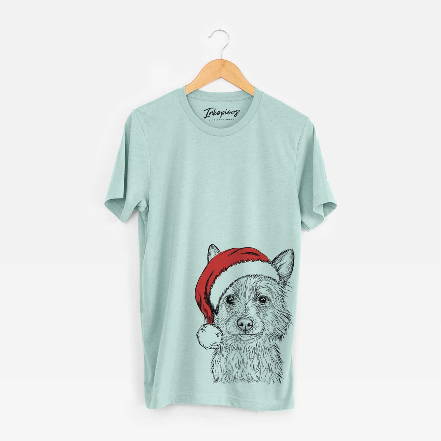 Hand-drawn sketch of Paulo the Portuguese Podengo wearing a Santa hat on a Heather Sage Unisex crewneck
