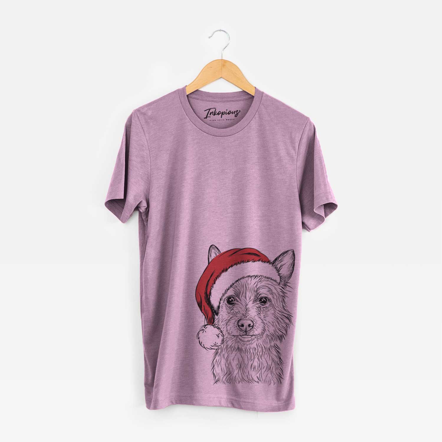 Hand-drawn sketch of Paulo the Portuguese Podengo wearing a Santa hat on an Orchid Unisex crewneck