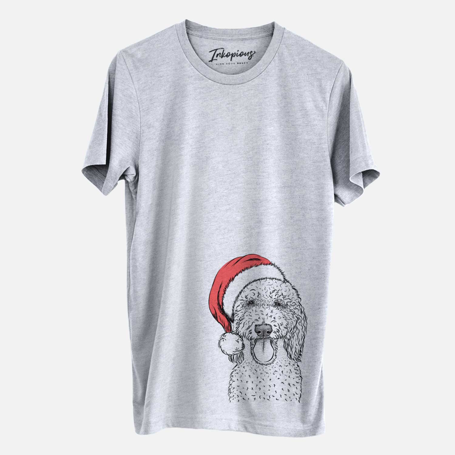 Hand-drawn sketch of Pavlov the Goldendoodle wearing a Santa hat on a Grey Unisex crewneck