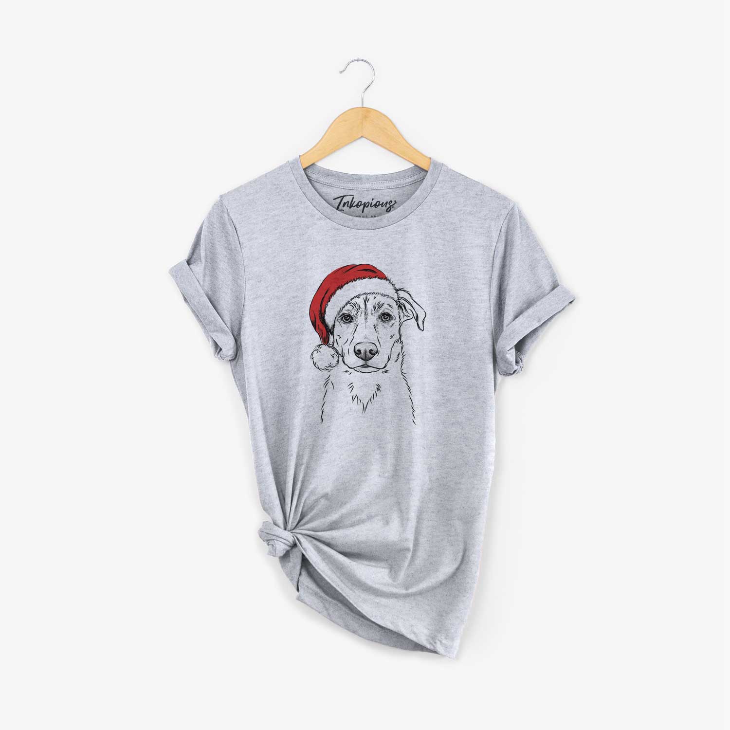 Hand-drawn sketch of Peanut the Lab Mix wearing a Santa hat on a Grey Unisex crewneck