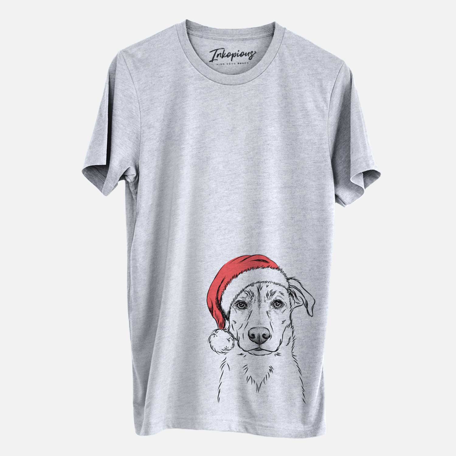 Hand-drawn sketch of Peanut the Lab Mix wearing a Santa hat on a Grey Unisex crewneck