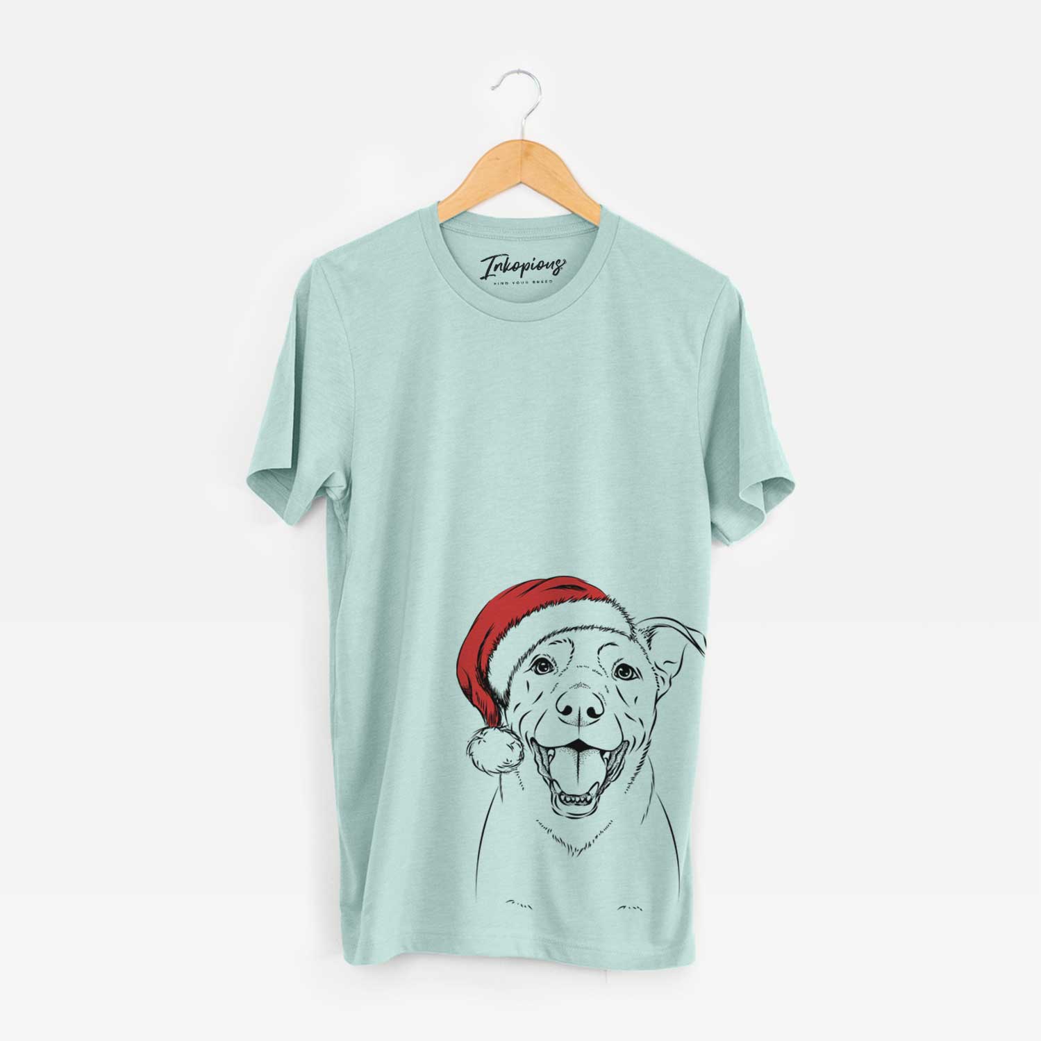 Hand-drawn sketch of Pele the Lab Mix wearing a Santa hat on a Heather Sage Unisex crewneck