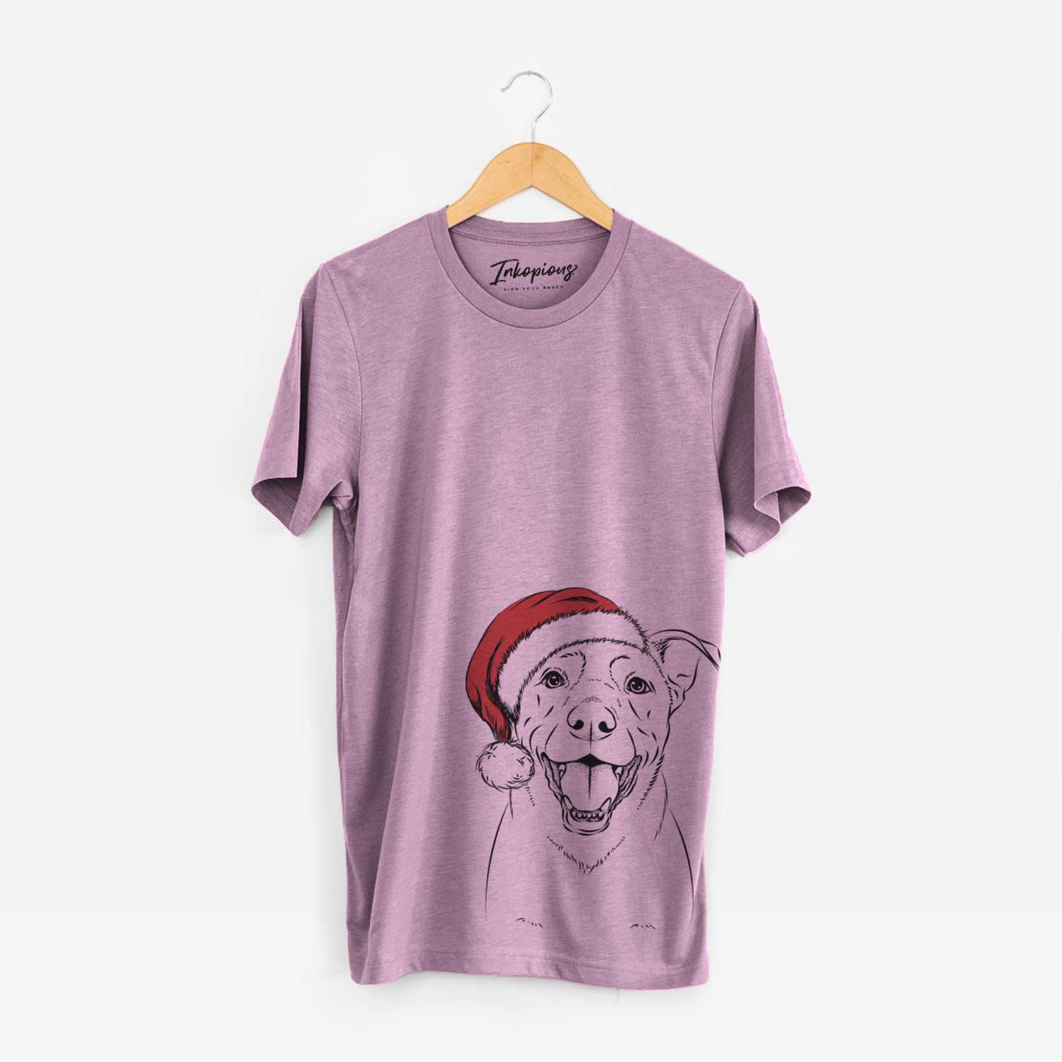 Hand-drawn sketch of Pele the Lab Mix wearing a Santa hat on an Orchid Unisex crewneck