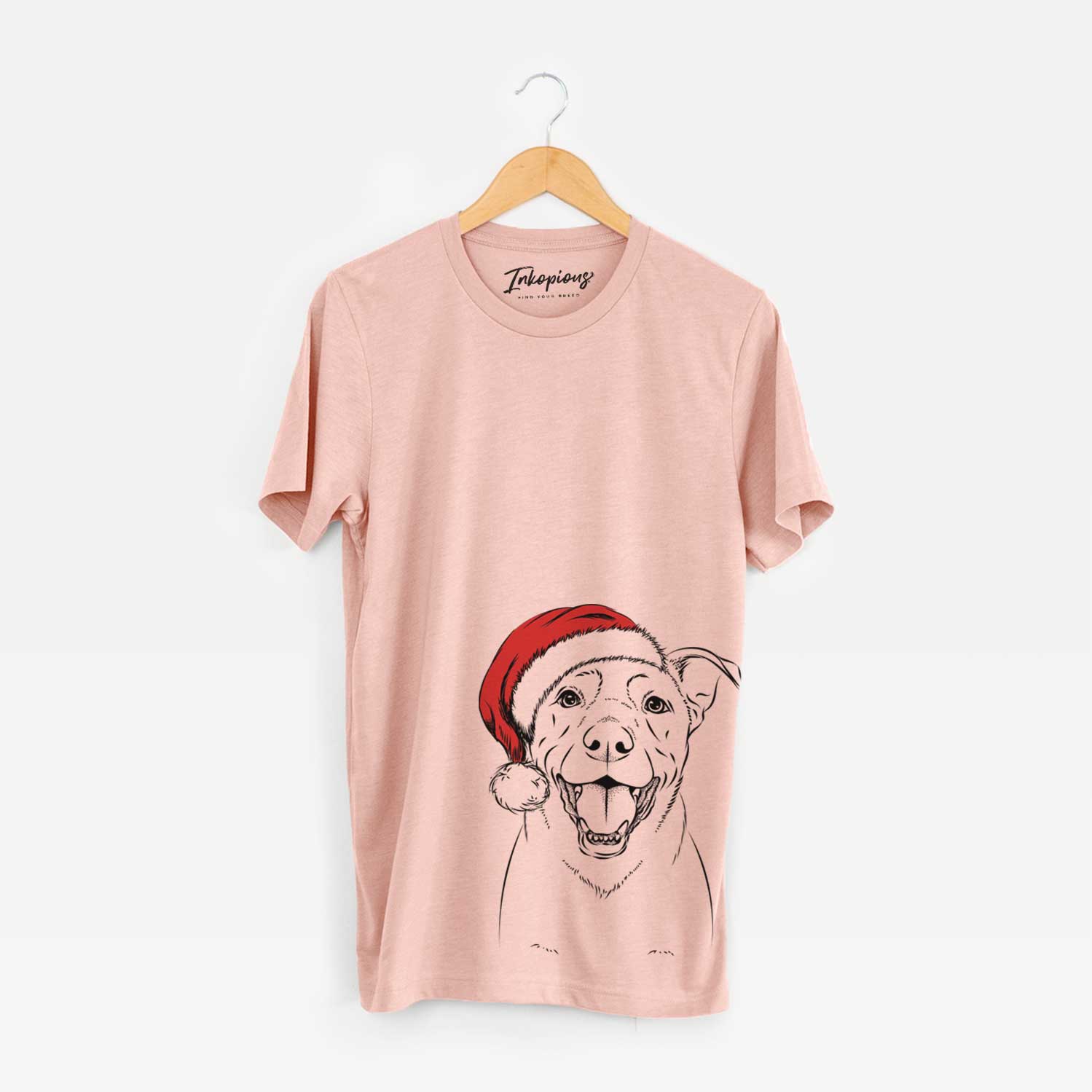 Hand-drawn sketch of Pele the Lab Mix wearing a Santa hat on a Peach Unisex crewneck