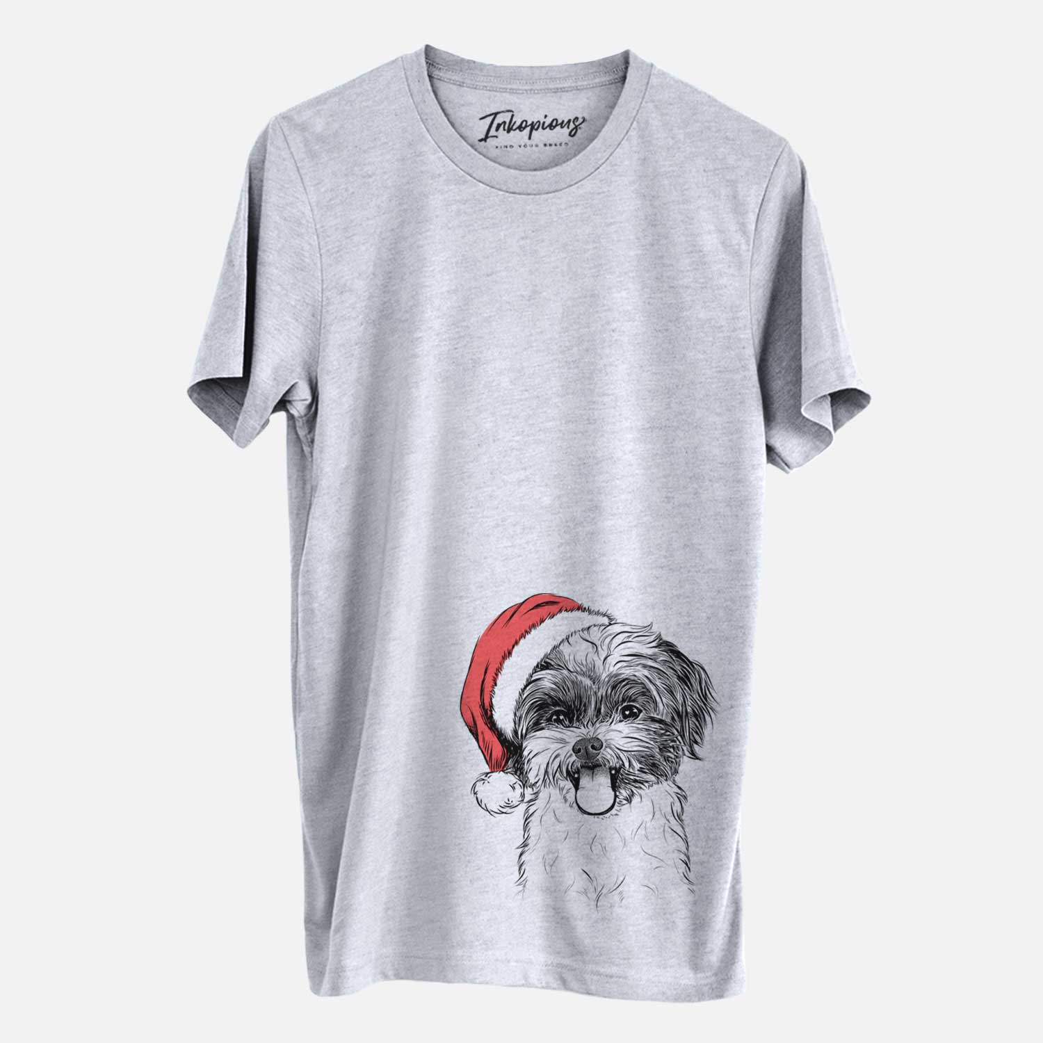 Hand-drawn sketch of Pepper the Shihpoo wearing a Santa hat on a Grey Unisex crewneck