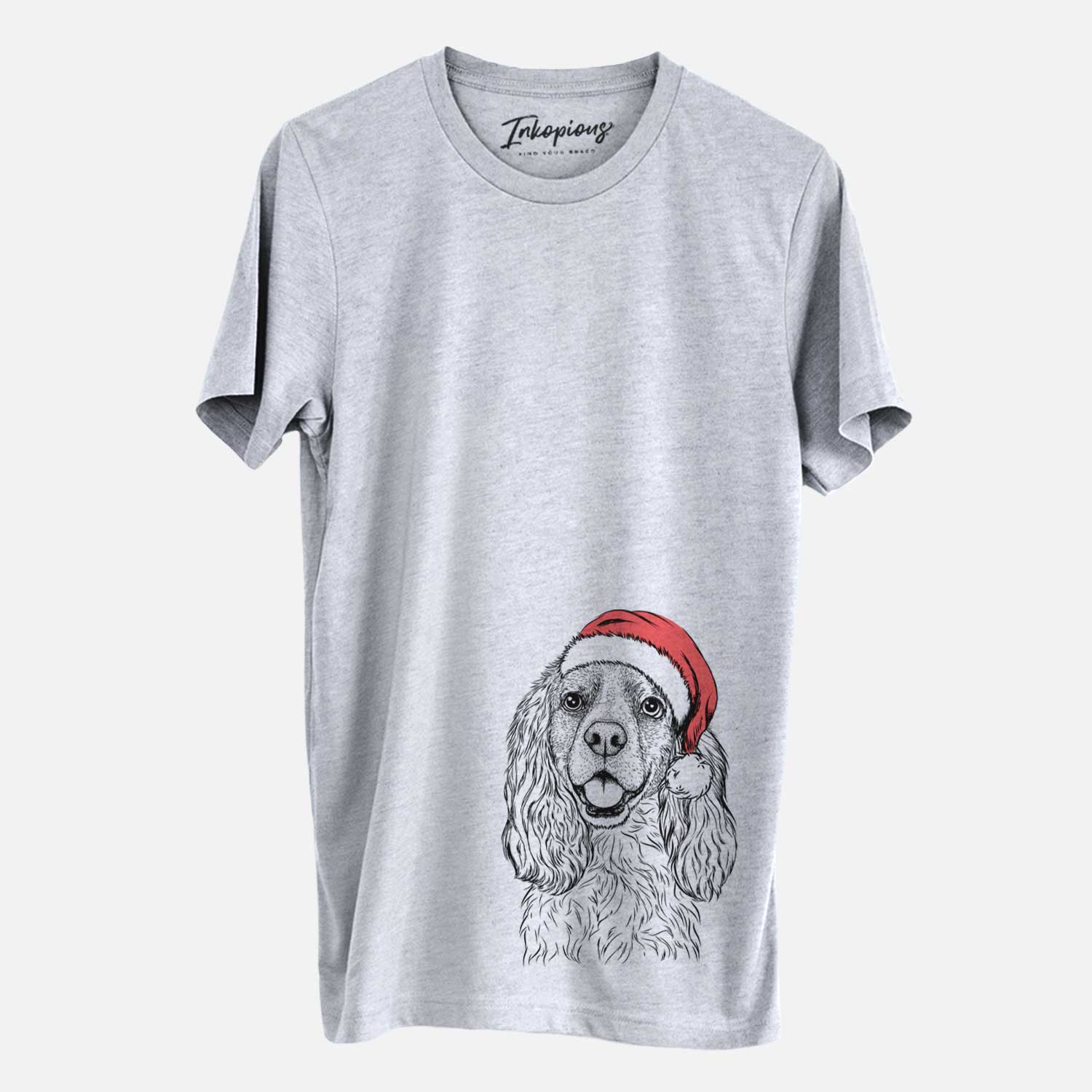 Hand-drawn sketch of Perry the Cockalier wearing a Santa hat on a Grey Unisex crewneck
