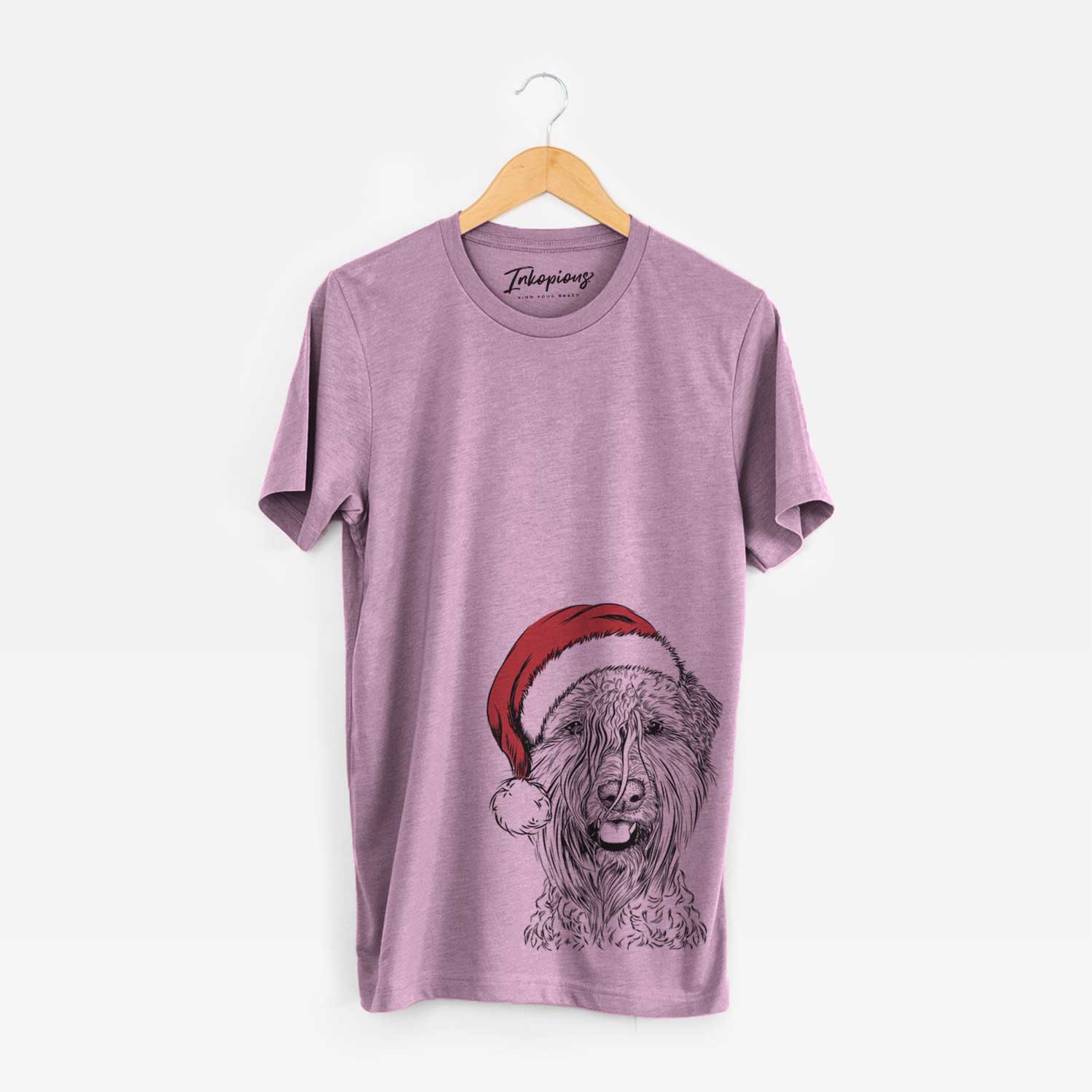 Hand-drawn sketch of Pierre the Soft Coated Wheaten Terrier wearing a Santa hat on an Orchid Unisex crewneck