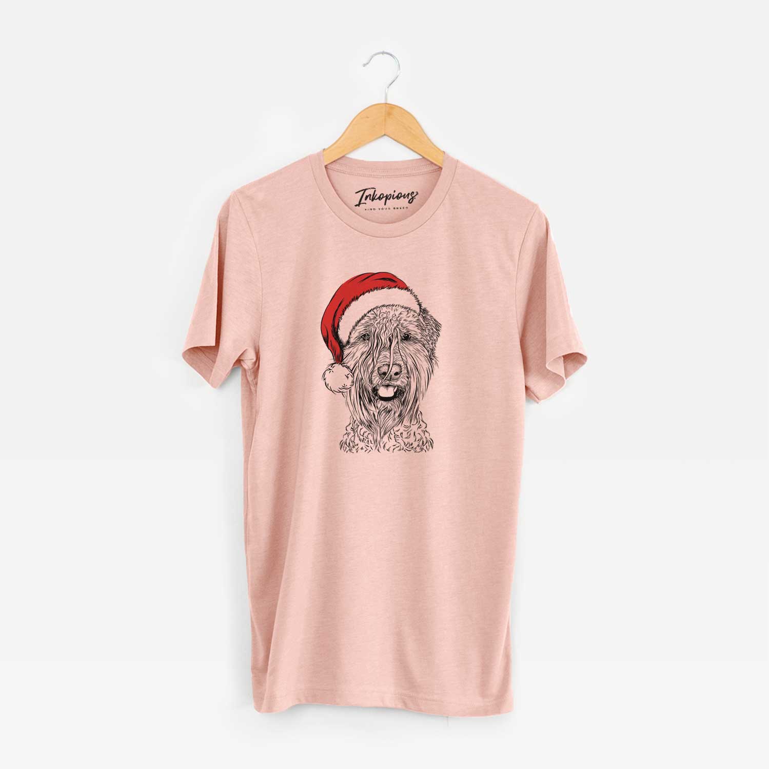 Hand-drawn sketch of Pierre the Soft Coated Wheaten Terrier wearing a Santa hat on a Peach Unisex crewneck