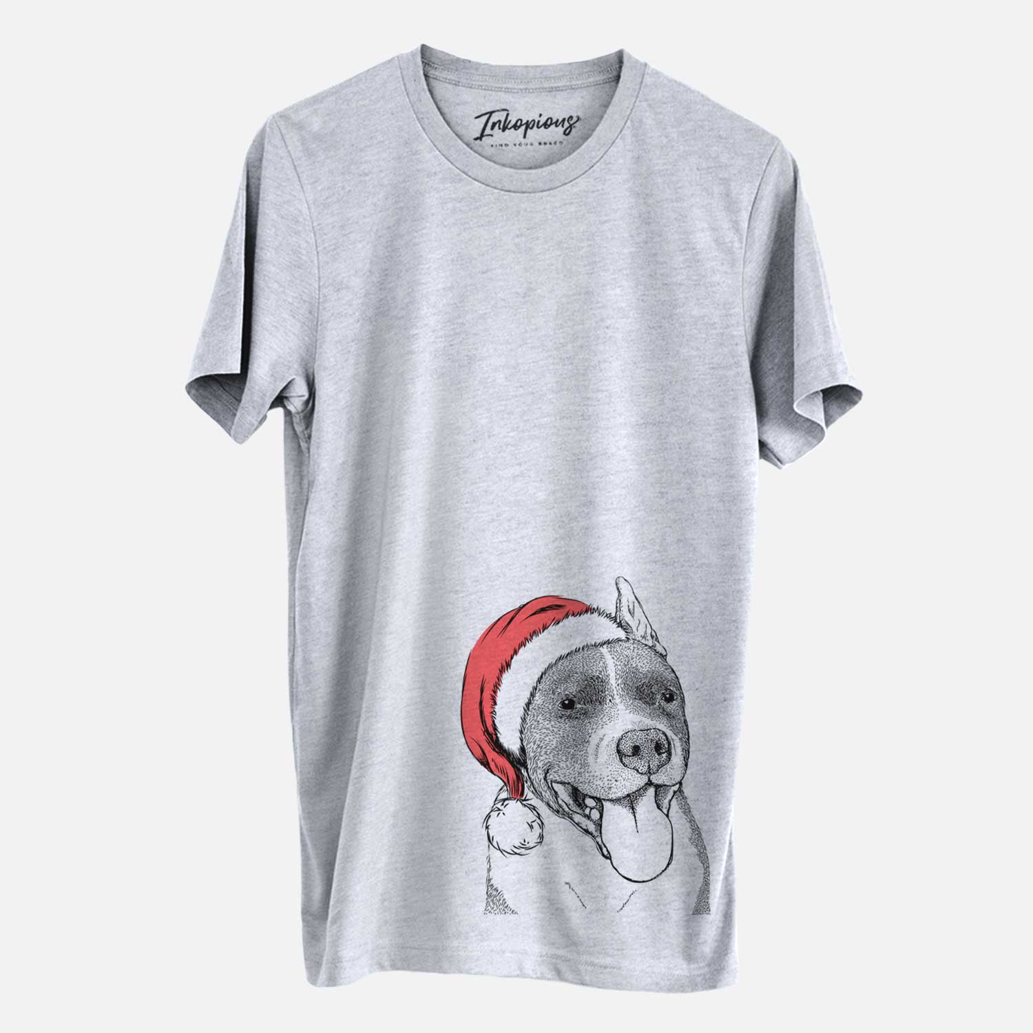Hand-drawn sketch of Piggy the American Staffordshire Terrier wearing a Santa hat on a Grey Unisex crewneck