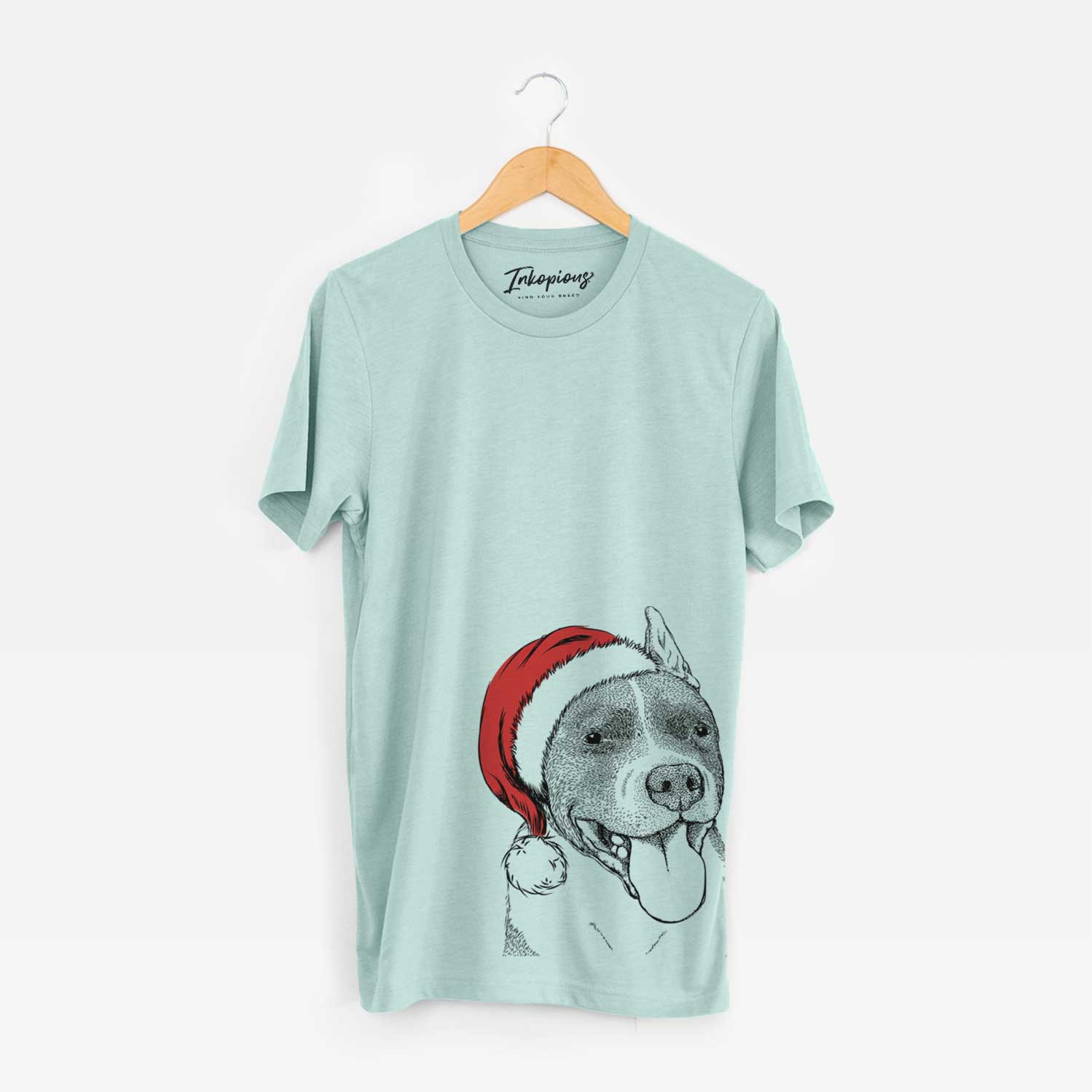 Hand-drawn sketch of Piggy the American Staffordshire Terrier wearing a Santa hat on a Heather Sage Unisex crewneck