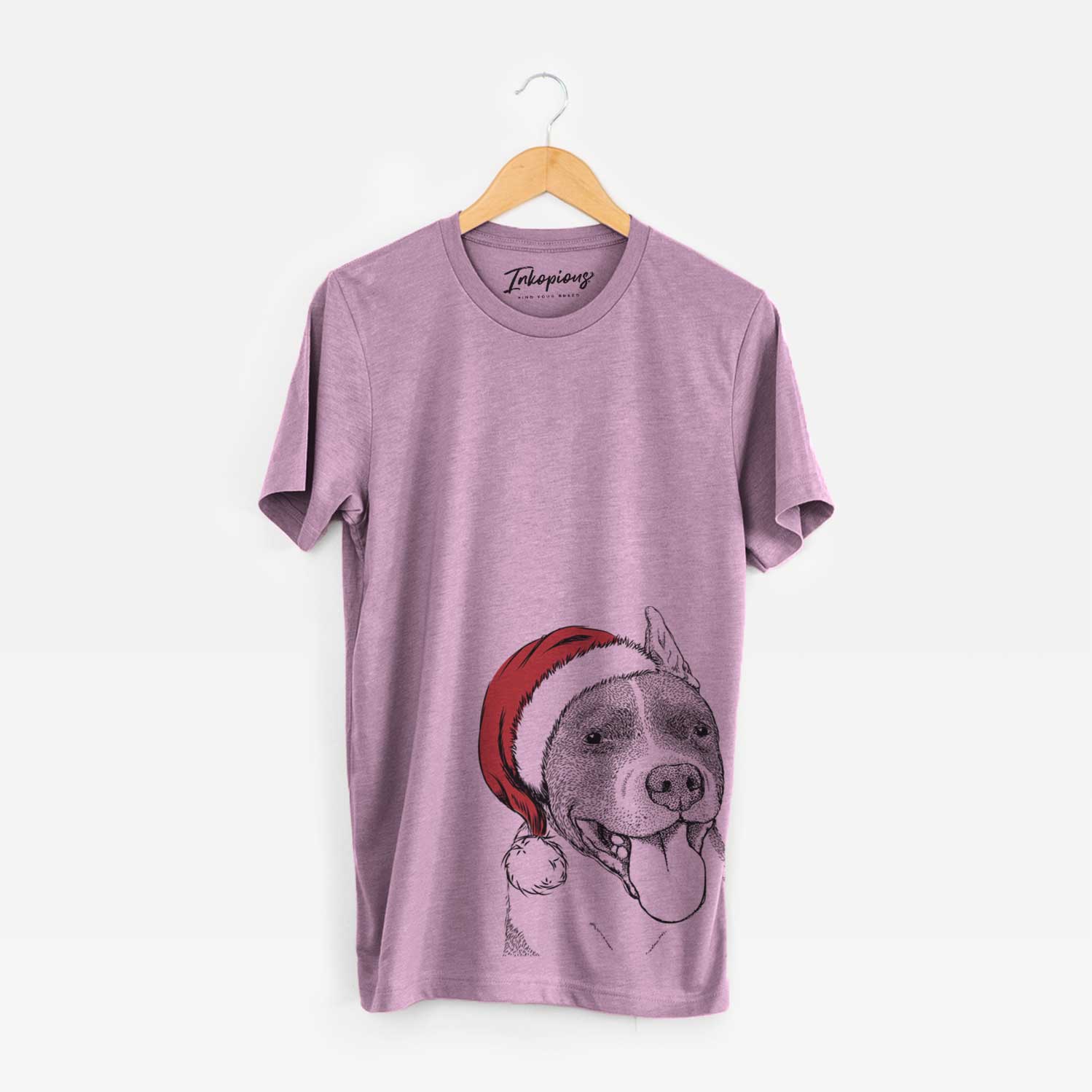 Hand-drawn sketch of Piggy the American Staffordshire Terrier wearing a Santa hat on an Orchid Unisex crewneck