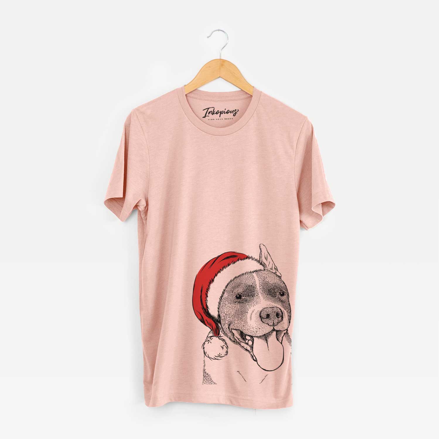 Hand-drawn sketch of Piggy the American Staffordshire Terrier wearing a Santa hat on a Peach Unisex crewneck