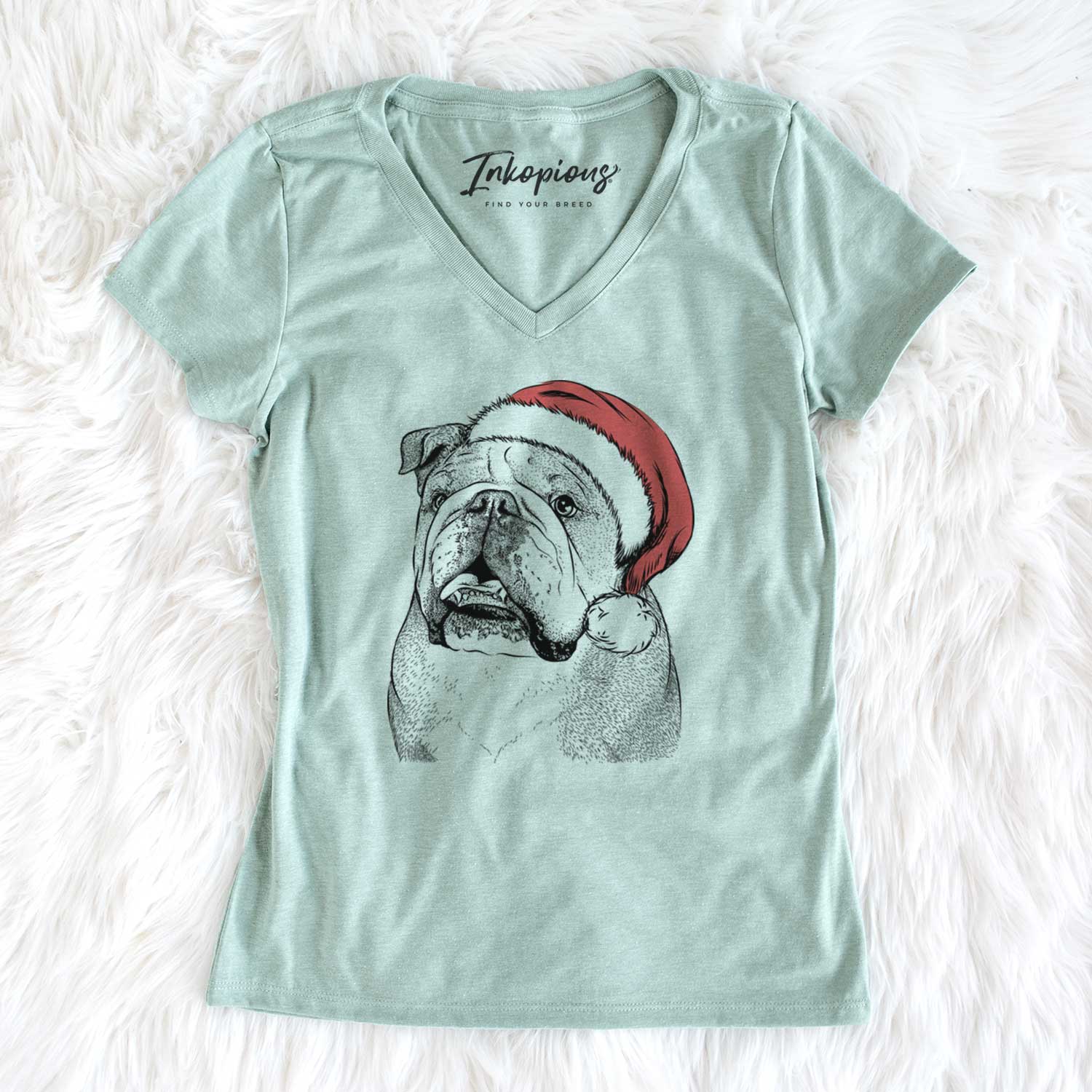 Santa Piggy the English Bulldog - Women's V-neck Shirt