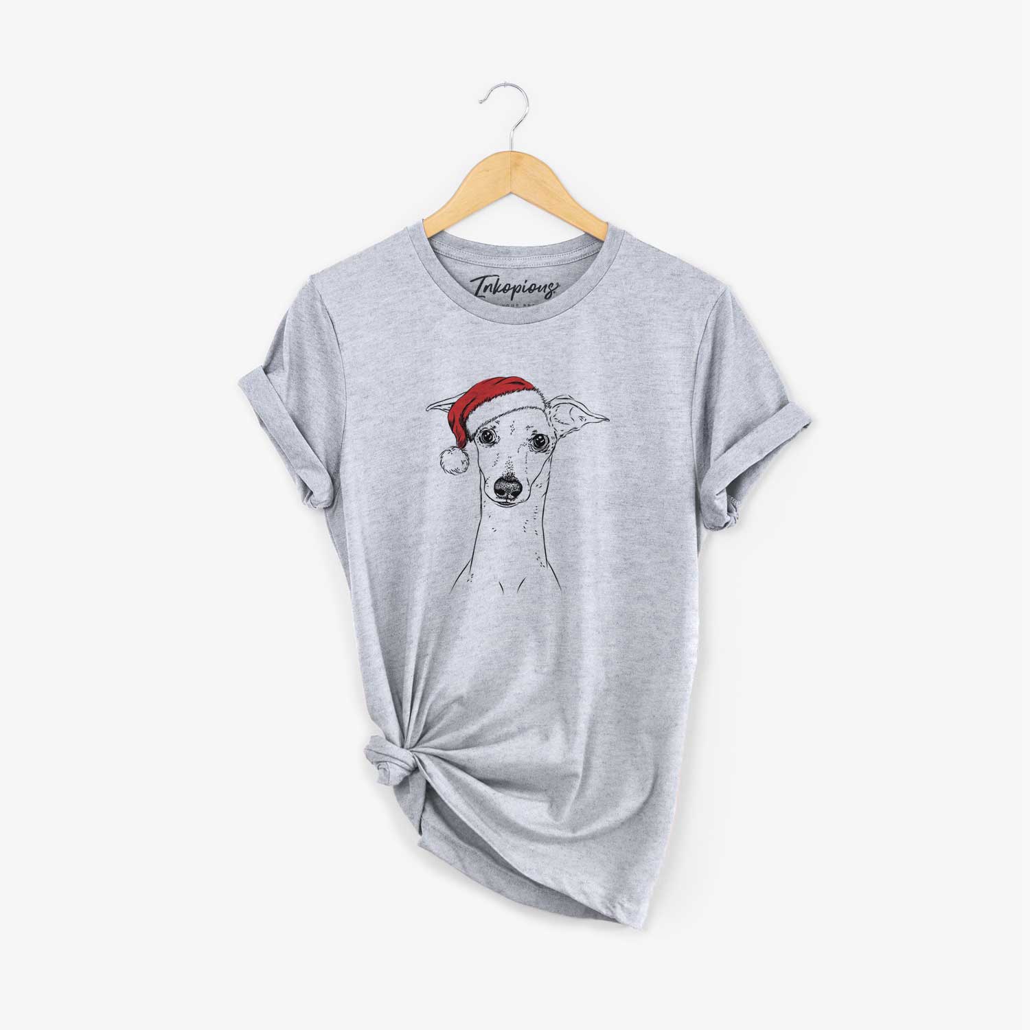 Hand-drawn sketch of Pip the Italian Greyhound wearing a Santa hat on an Unisex crewneck