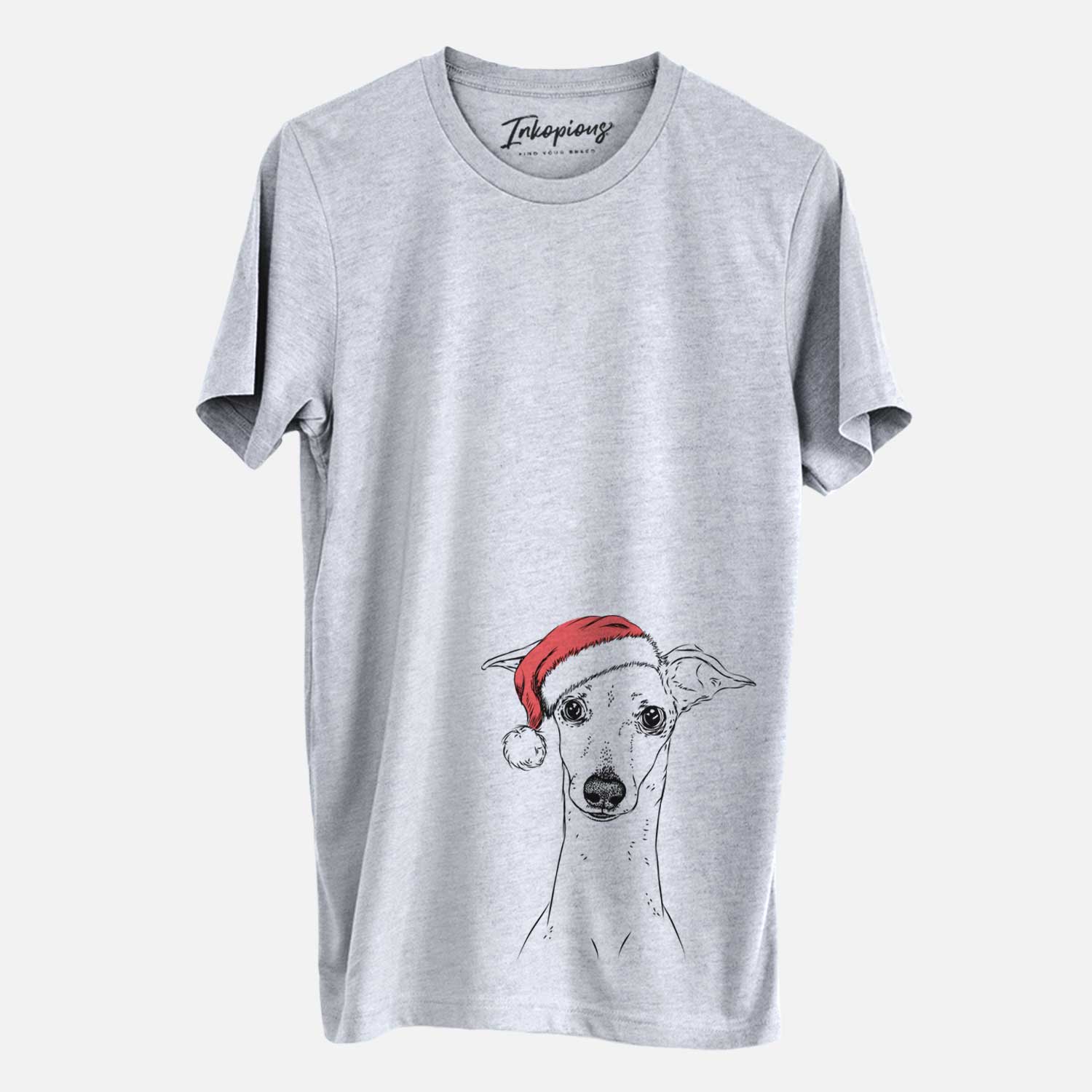 Hand-drawn sketch of Pip the Italian Greyhound wearing a Santa hat on an Unisex crewneck