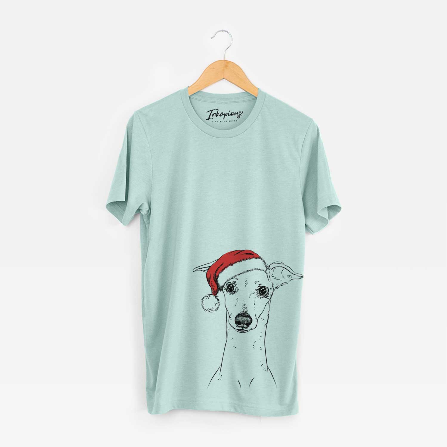 Hand-drawn sketch of Pip the Italian Greyhound wearing a Santa hat on a Heather Sage Unisex crewneck