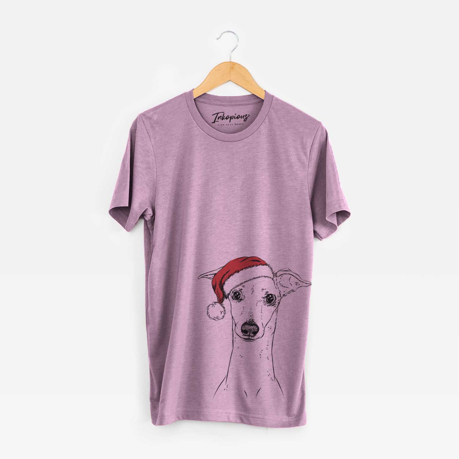 Hand-drawn sketch of Pip the Italian Greyhound wearing a Santa hat on an Orchid Unisex crewneck