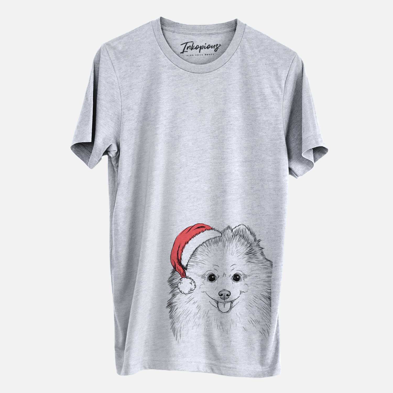 Hand-drawn sketch of Piper Jo the Pomeranian wearing a Santa hat on a Grey Unisex crewneck