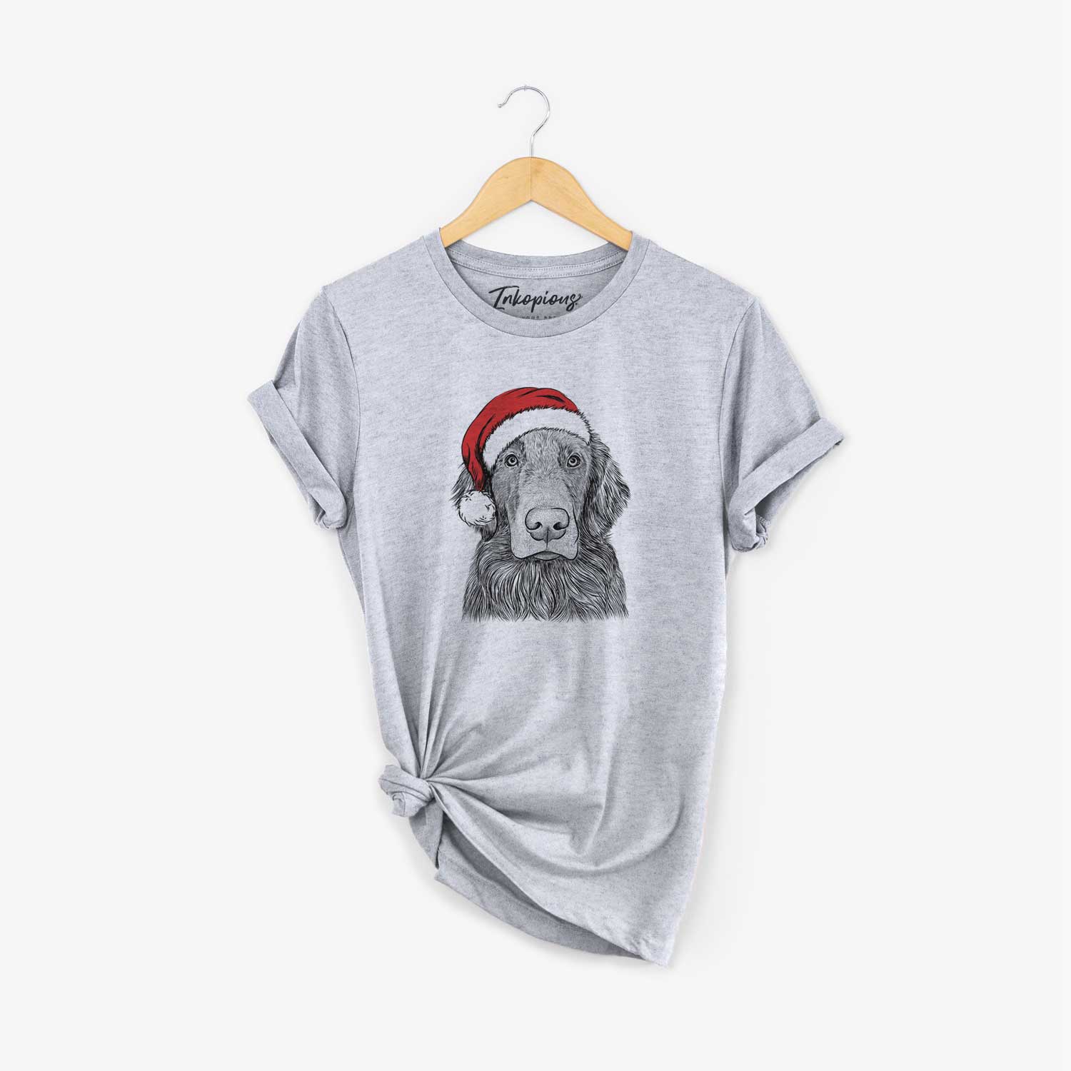 Hand-drawn sketch of Pippin the Flat Coated Retriever wearing a Santa hat on a Grey Unisex crewneck