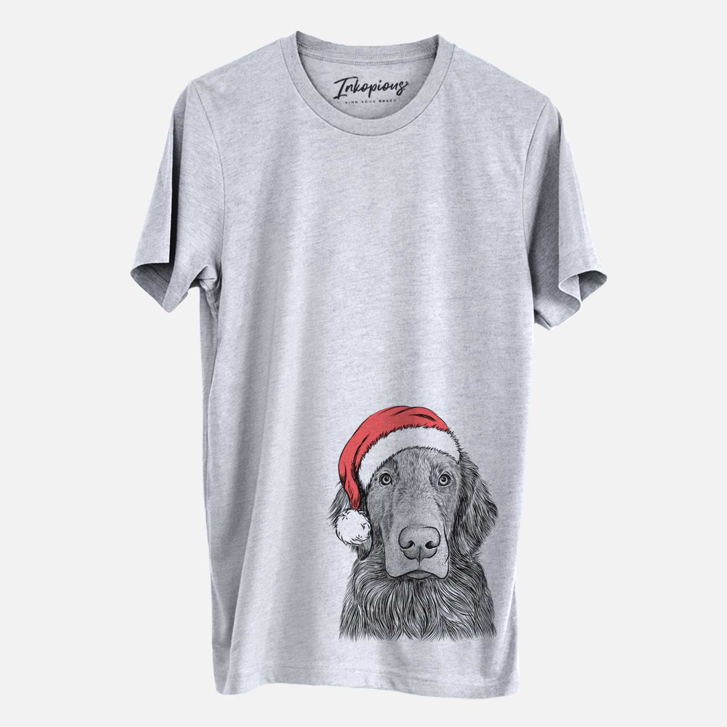 Hand-drawn sketch of Pippin the Flat Coated Retriever wearing a Santa hat on a Grey Unisex crewneck