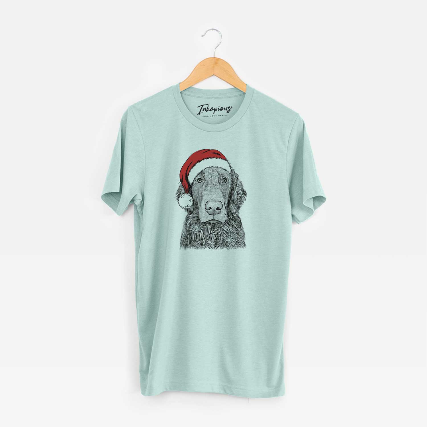 Hand-drawn sketch of Pippin the Flat Coated Retriever wearing a Santa hat on a Heather Sage Unisex crewneck