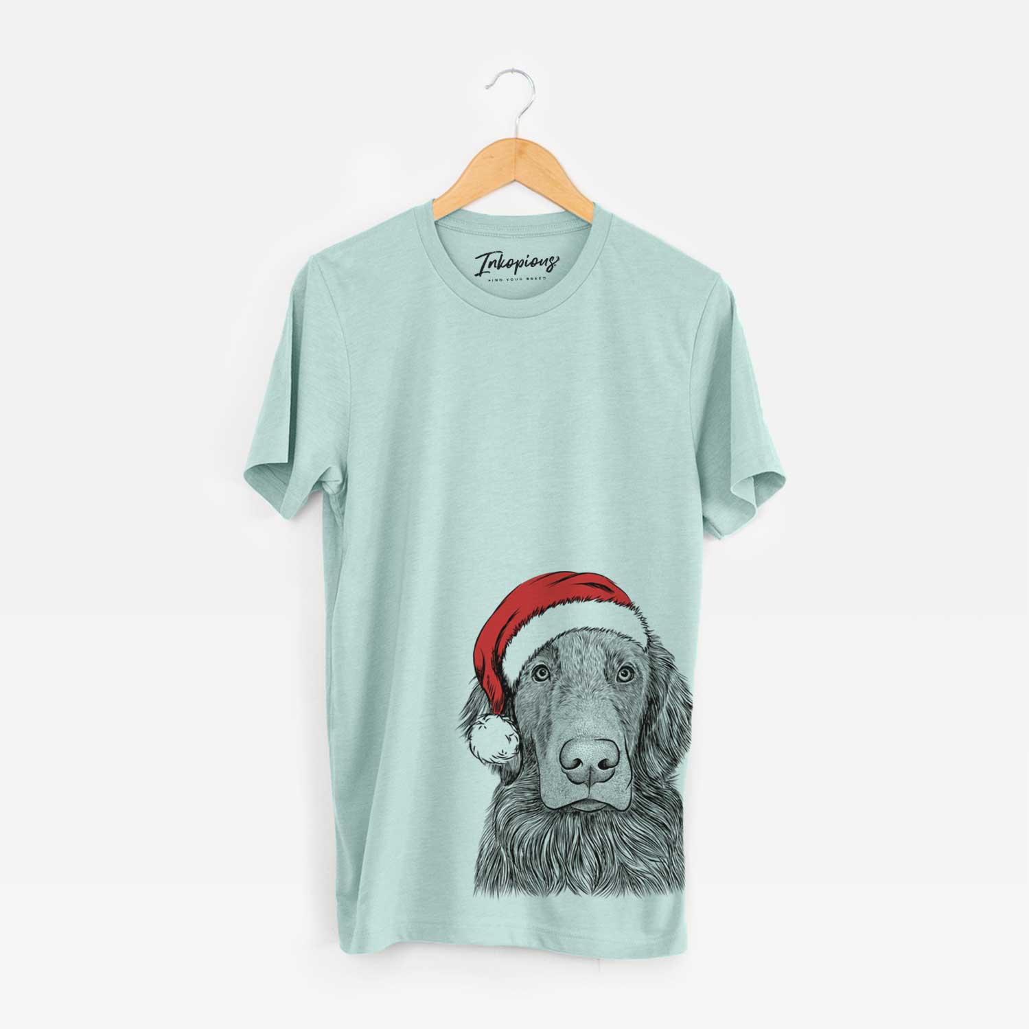 Hand-drawn sketch of Pippin the Flat Coated Retriever wearing a Santa hat on a Heather Sage Unisex crewneck